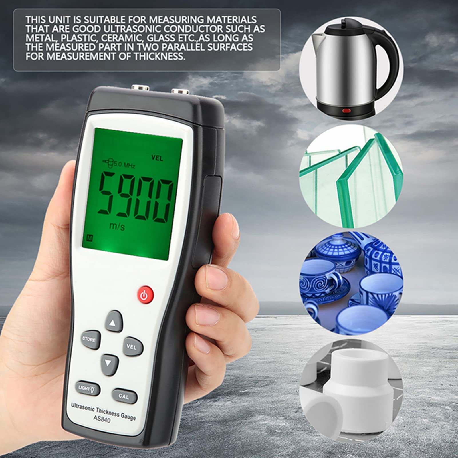 SEAFRONT Misuratore di Spessore ad Ultrasuoni Smart Sensor Spessimetro Digitale ad Ultrasuoni Misuratore di profondità in Metallo con Blocco di Calibrazione, Sonda e Scatola