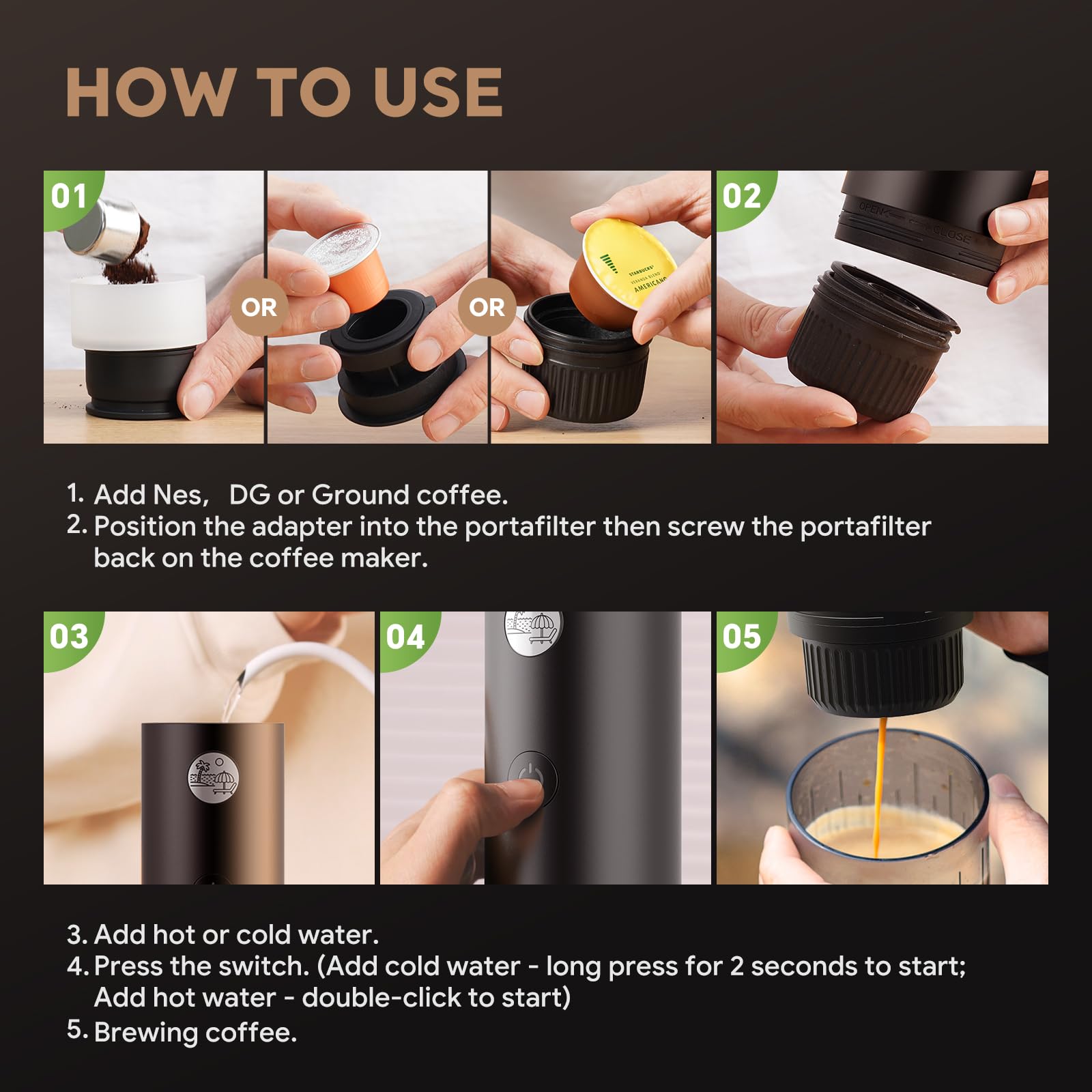 Machine à expresso portable 3 en 1 à 19 bars avec chauffage automatique, compatible avec les capsules NS et DG ainsi que le café moulu pour le camping, la randonnée, les voyages et la maison (noir)