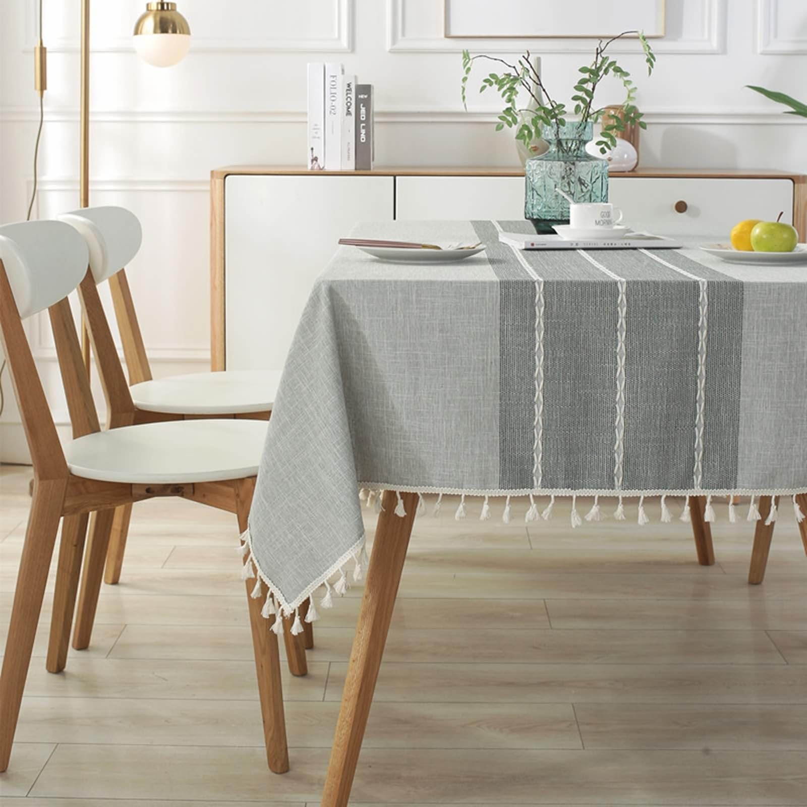 Manteles para Mesa, 140 x 220 cm, Gris, Estilo 3, Rectangular, Mantel de Lino Algodón Color Liso con Encaje Jacquard