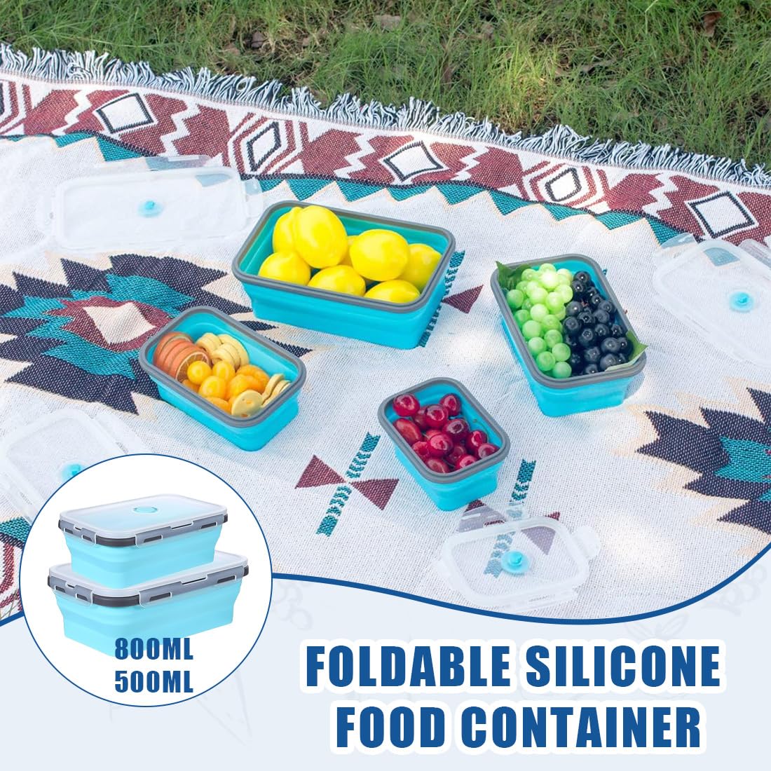 2 Pezzi Contenitori Pranzo Pieghevoli per Alimenti 800ML, 500ML, Contenitori per Alimenti, Portable Pranzo del Silicone, Set Contenitori Silicone per Alimenti Picnic Campeggio