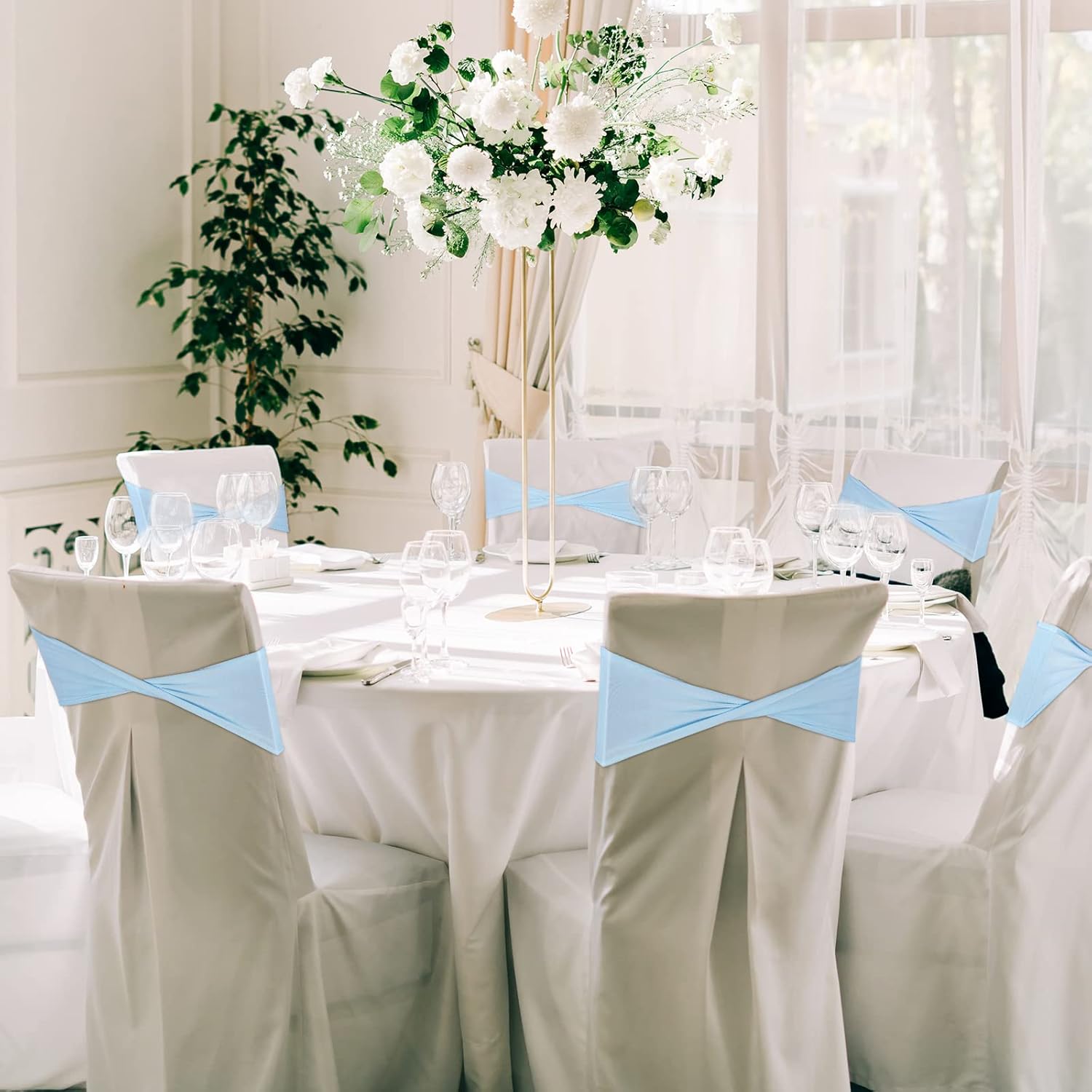 Breling 50 Pcs Spandex Chair Sashes Without Buckle Baby Shower Plain Bow Light Sash Stretch Bow Chair Elastic Bands Ties for Wedding Banquet Hotel Party Events Decoration(Blue)