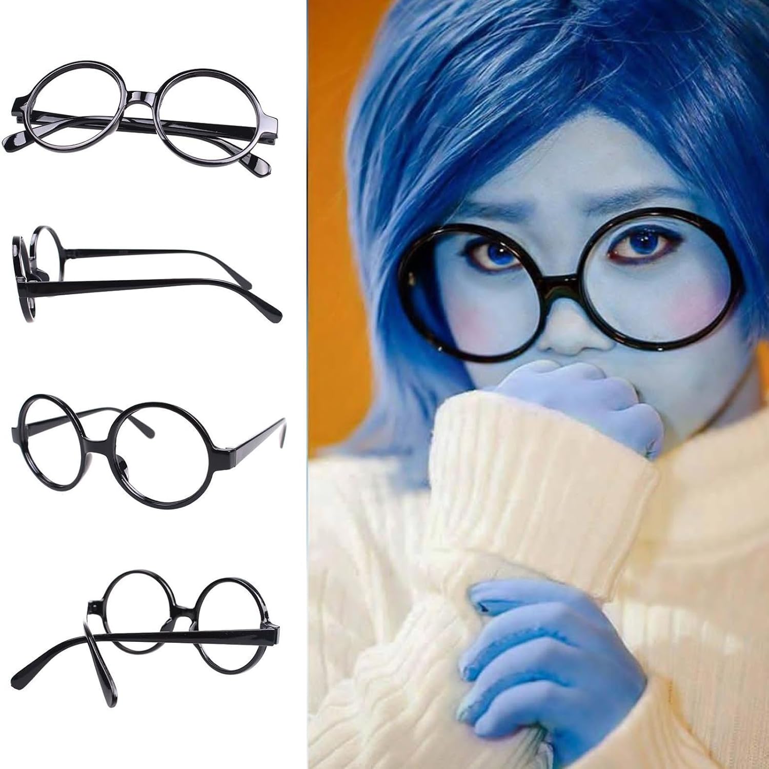 Sadness Blue Bob Wig with Black Glasses Girls Blue Anime Wig Women Heat Resistant Synthetic for Cosplay Costume Party