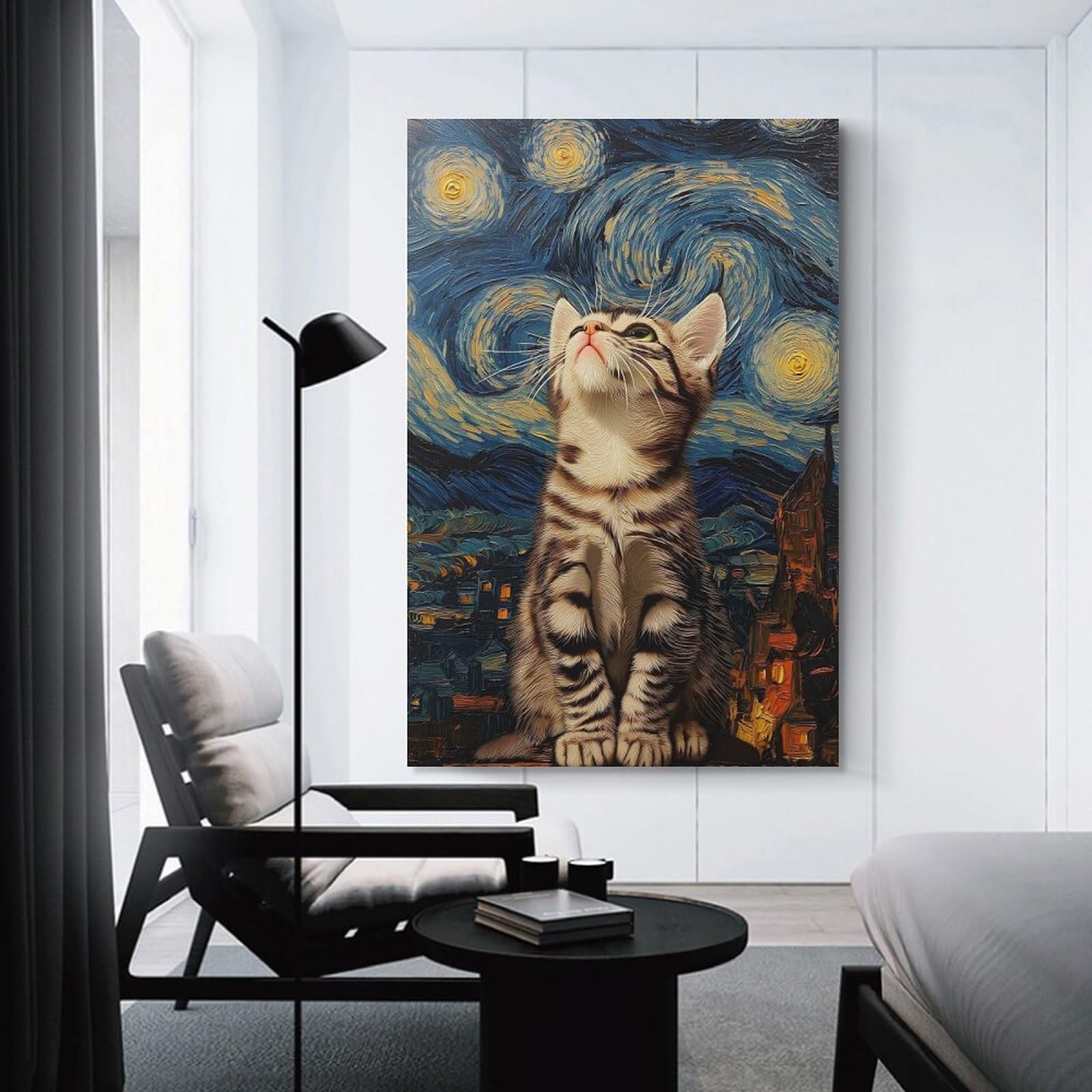 Junmoney Cat Gazing at Starry Night Room Decor Wall Art 20x30inch(50x75cm), for Bedroom, Guest Room Or Reading Nook, An Easy Wall Refresh for Bedrooms