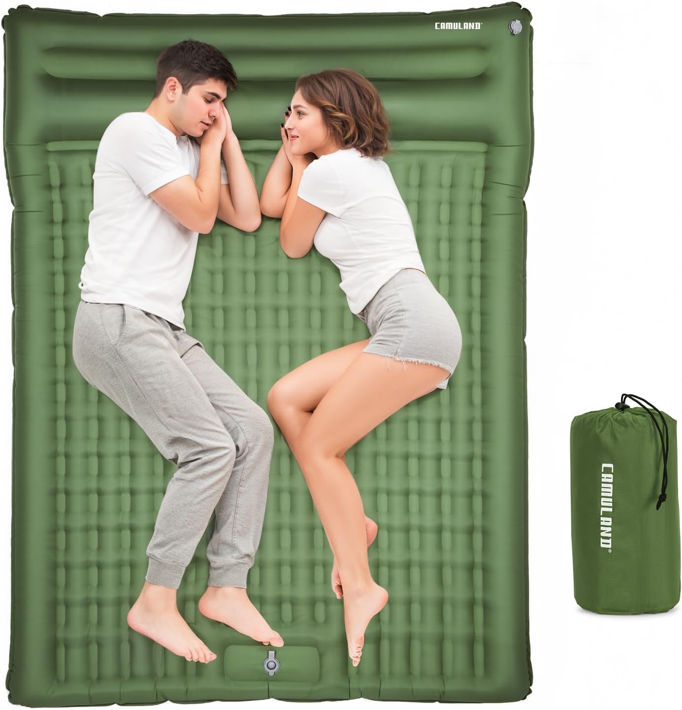 CAMULAND Double Camping Sleeping Pad, 4.7" Ultra-Thick Self Inflating 2 Person Inflatable Mat with Built-in Pillow Foot Pump, Waterproof for Backpacking, Hiking, Tent, RV Travel,Olive Green