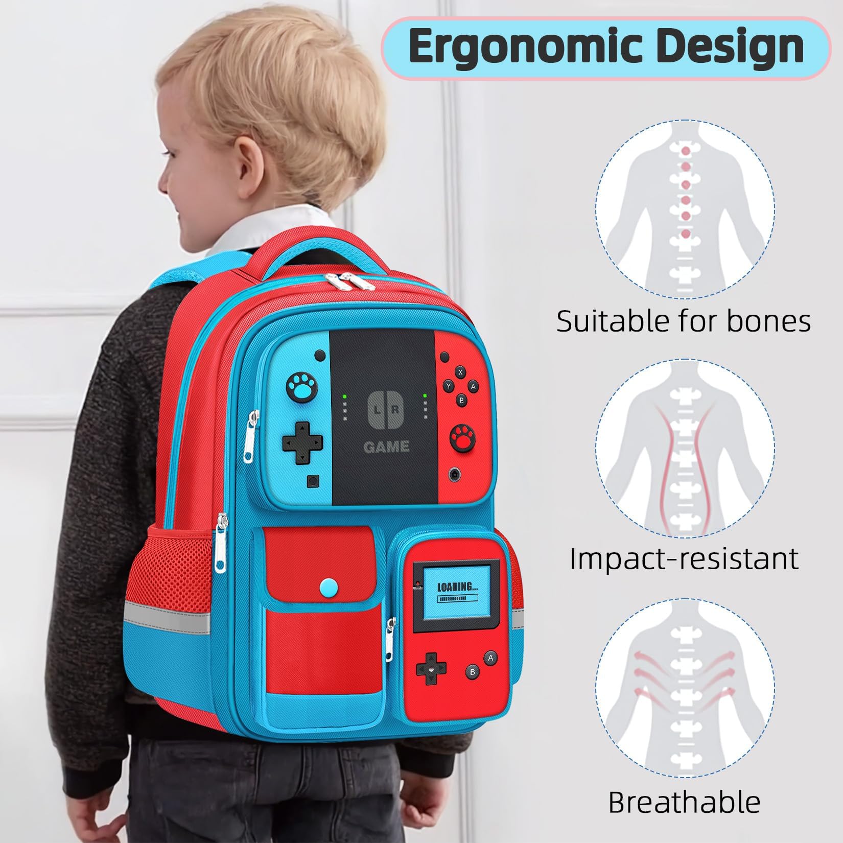 TILYTADLY Zaino scuola per ragazzi – Zaino gamer per scuola media elementare Bookbag, Set zaino rosso-blu, 17.3"x6.7"x12.2", moderno