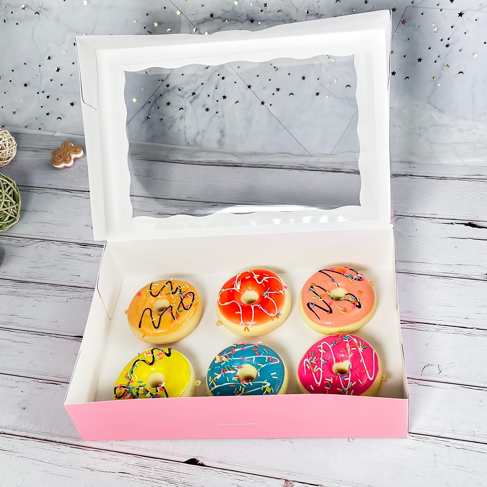 SOROO Paquete de 15 cajas de pastelería rosa de 12 x 8 x 2.5 pulgadas, donas grandes, magdalenas, cajas de galletas con ventana de PVC, contenedor de papel para manualidades naturales, paquete de 15