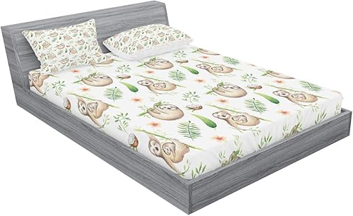 Miniatura 2 de Ambesonne Juego de sábanas bajeras y fundas de almohada, perezoso y madre, flores de colores suaves, hojas de árbol de coco, familia feliz, juego de