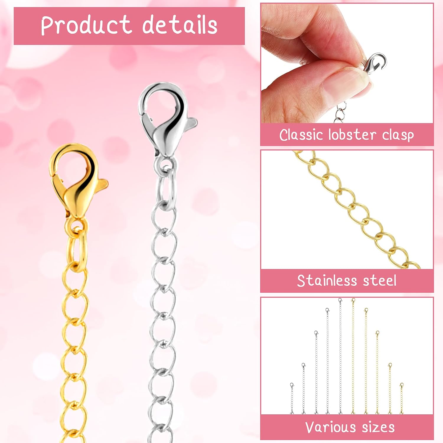 Hicarer 30 Pieces Stainless Steel Necklace Extender Chain Set Bracelet Anklet Chain for Necklaces Extender for Jewelry Making Extensions, 2.5, 3, 4, 5, 6 Inch, 6 Colors - Image 3