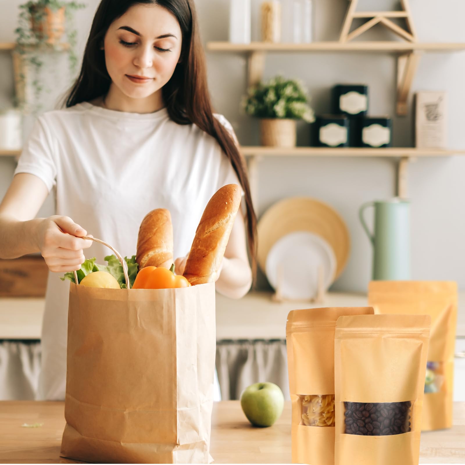 Ctosree 300 bolsas de papel kraft con ventana a granel, bolsa de papel kraft con cremallera de pie, bolsa de papel kraft con cremallera para almacenamiento de alimentos, bolsas reutilizables sellables