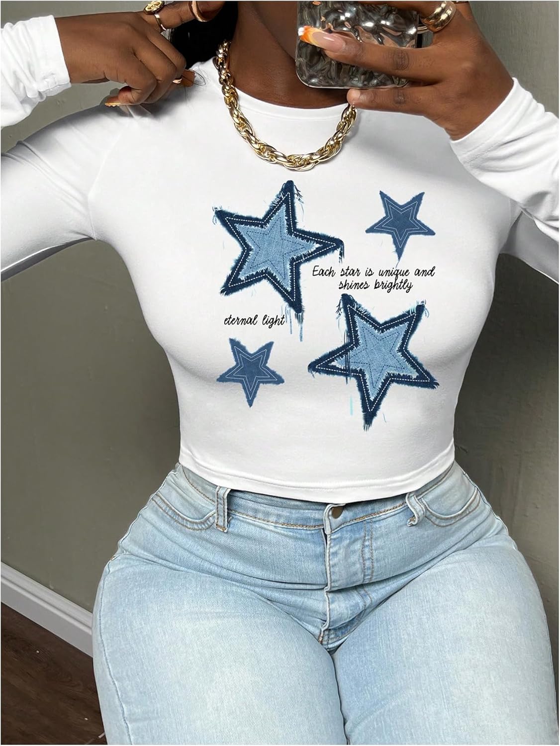 MakeMeChic Women's Star Print Crew Neck T Shirt Long Sleeve Y2k Tee Crop Tops Streetwear - Image 2