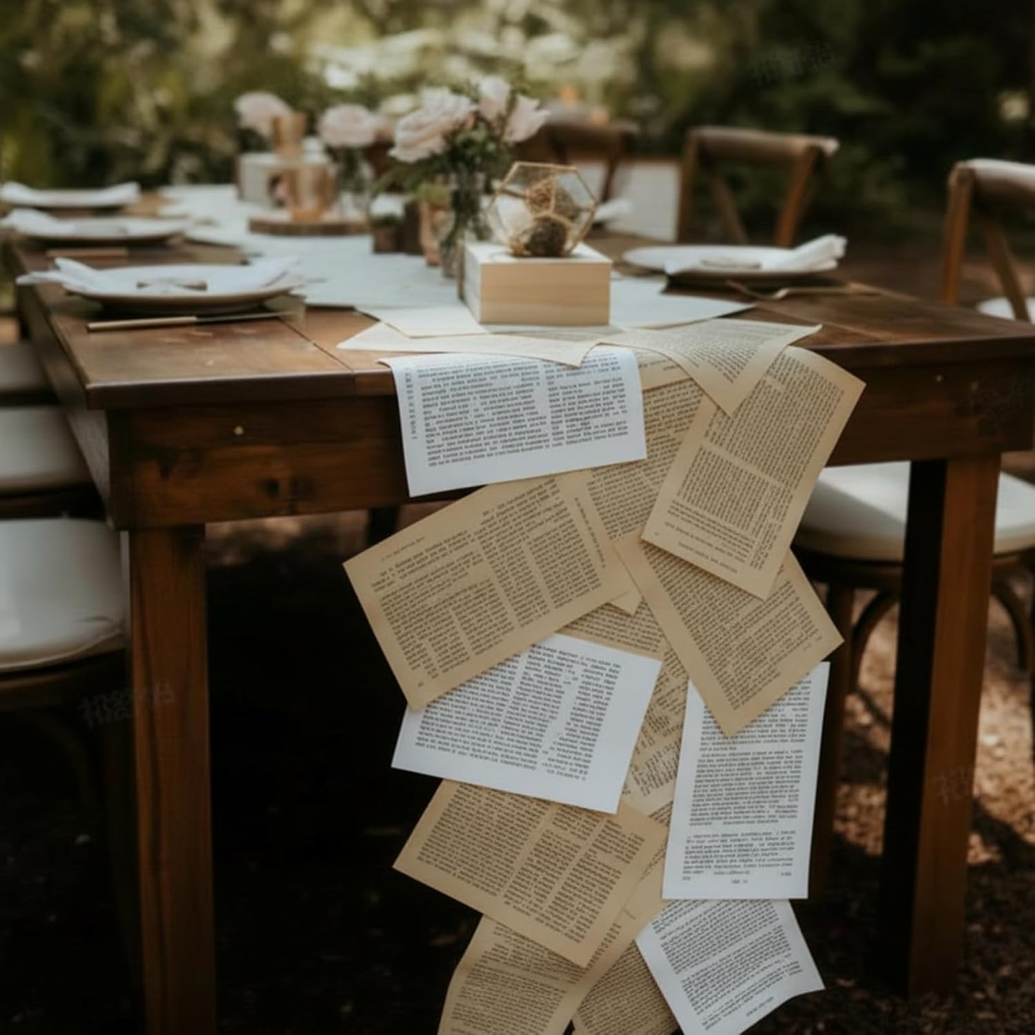 Tinlade Vintage Table Runner Book Pages Wedding Literary Themed Table Runner DIY Journal Paper Tabletop Decor Set 114 Page with Scissor Tape for Book Lover Bridal Baby Shower Party Decor(Retro Color)