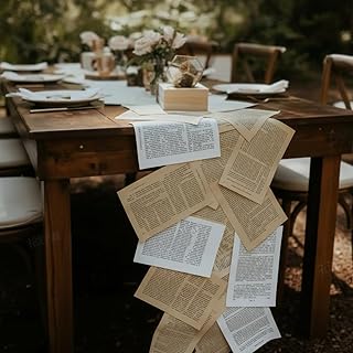 Tinlade Vintage Table Runner Book Pages Wedding Literary Themed Table Runner DIY Journal Paper Tabletop Decor Set 114 Page with Scissor Tape for Book Lover Bridal Baby Shower Party Decor(Retro Color)