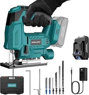 Cordless Jig Saw with Battery & Charger, Jigsaw Tool for Makita 18V Battery, with LED Light, Varible Speed, Bevel Angle (0°-45°), 3-Position Orbital Jig Saw for Wood PVC Metal Cutting