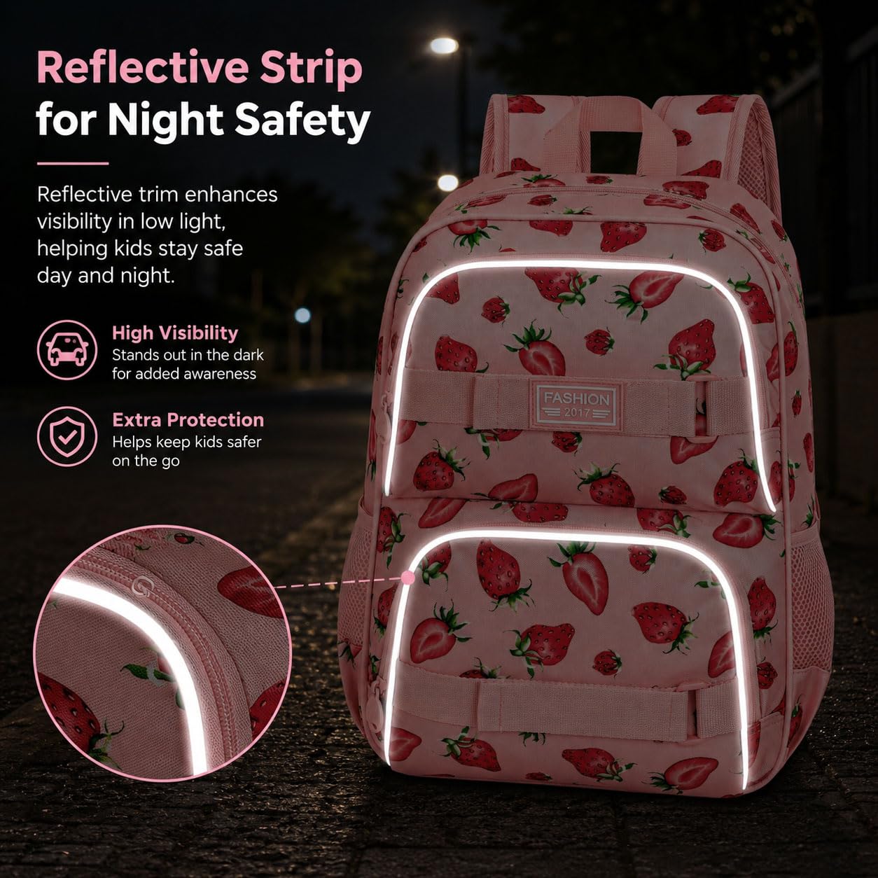HPJGD Mochila escolar de 3 piezas para niñas, 17 pulgadas, resistente al agua, con fiambrera, bonito juego de bolsas de libros de fresas rosas para mujeres, adolescentes, escuela primaria secundaria,