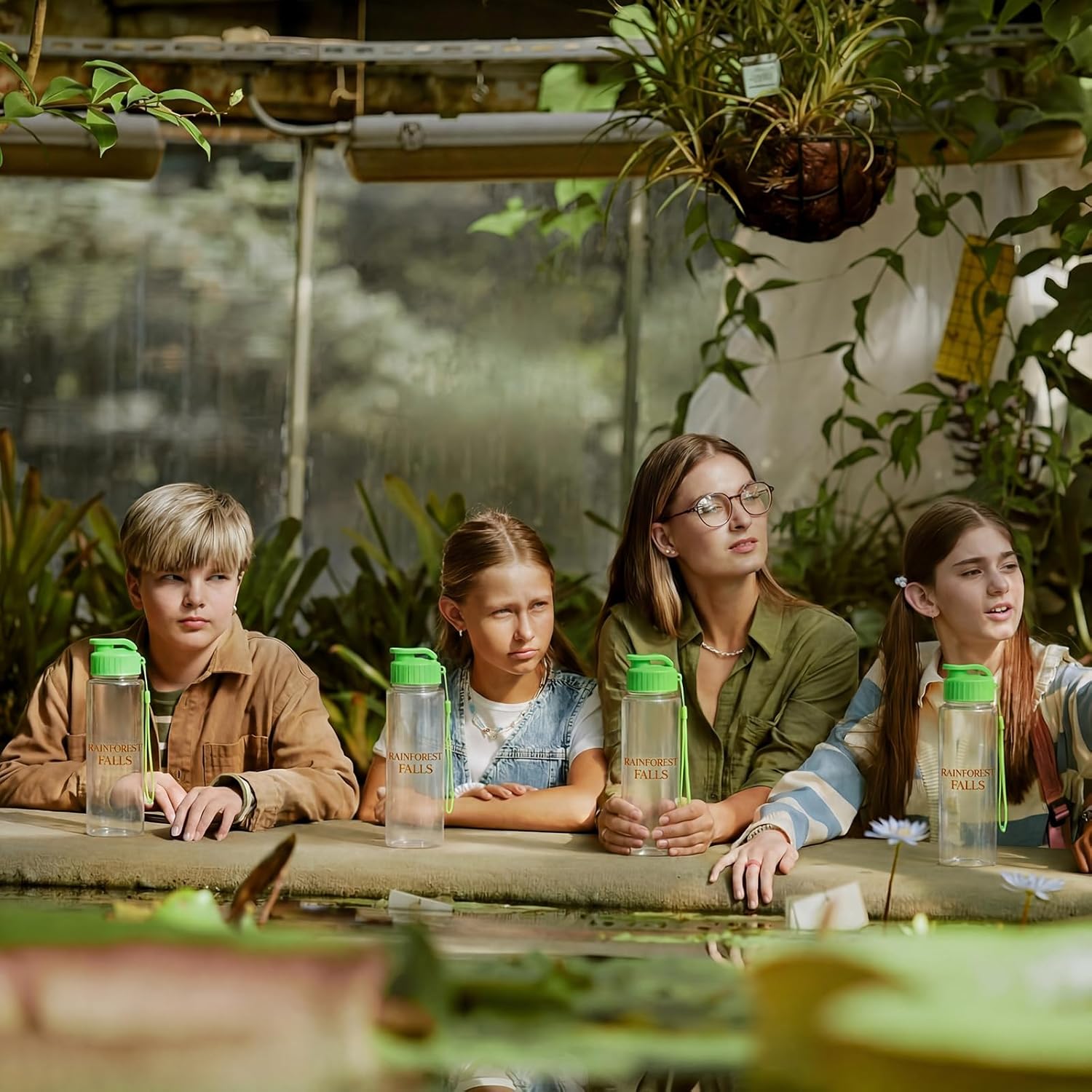 12 Set VBS 2026 Rainforest Falls Themed Plastic Water Bottles and Stickers Kit Water Bottle with Handle Strap Leak Proof Flip Exploring The Nature of God Summer for Vacation Bible School