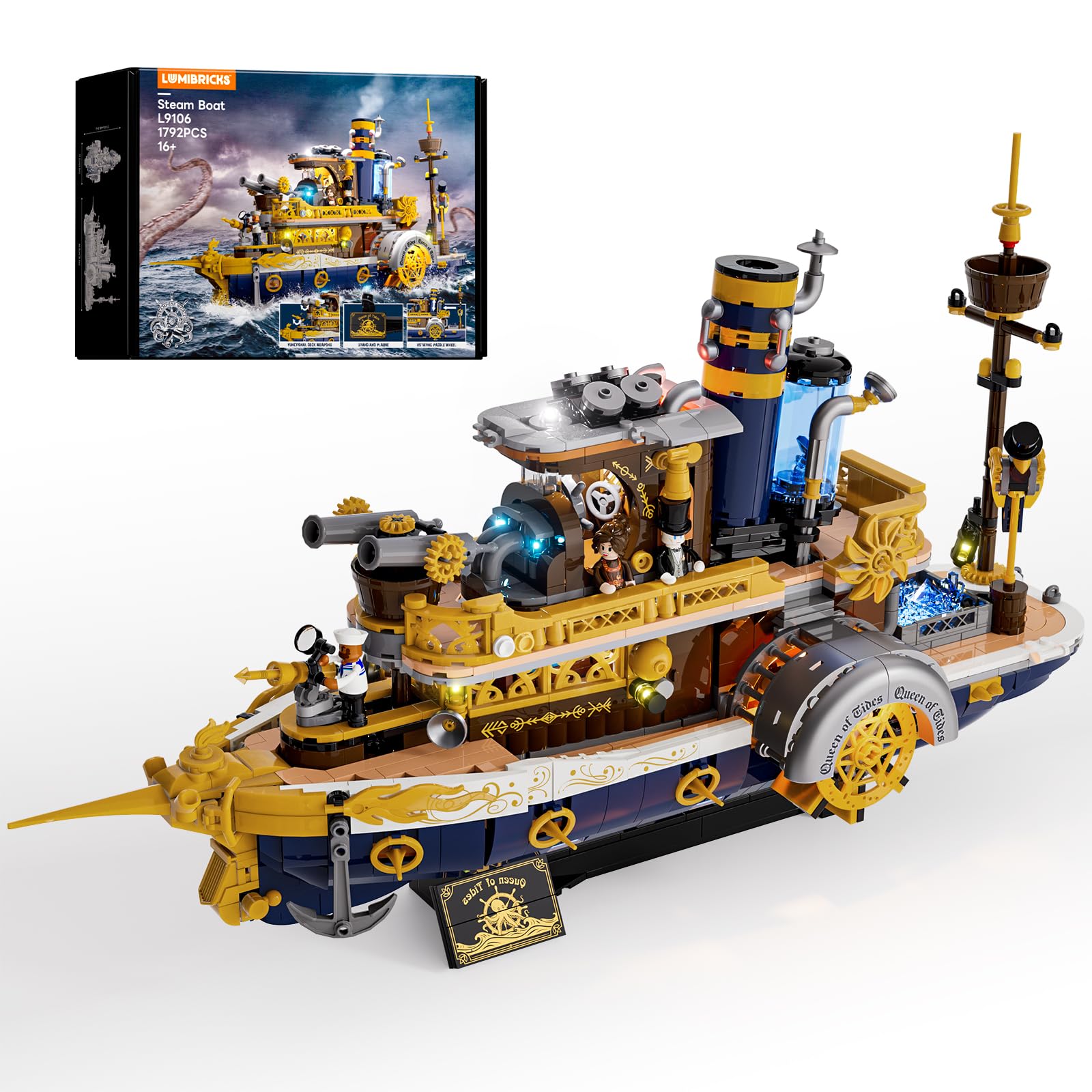 Lumibricks Steampunk Steamboat Light-Up Building Set - 1792-Piece Paddlewheel Ship Model with Dynamic LED Lights & Modular Quick-Release Design, Ideal for Adult Brick Collectors
