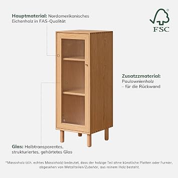 YESWOOD Solid Wood Side Cabinet Slim & Space-Saving with Ribbed Glass Bookcase for Living Room & Study 106H x 35D x 42W Oak