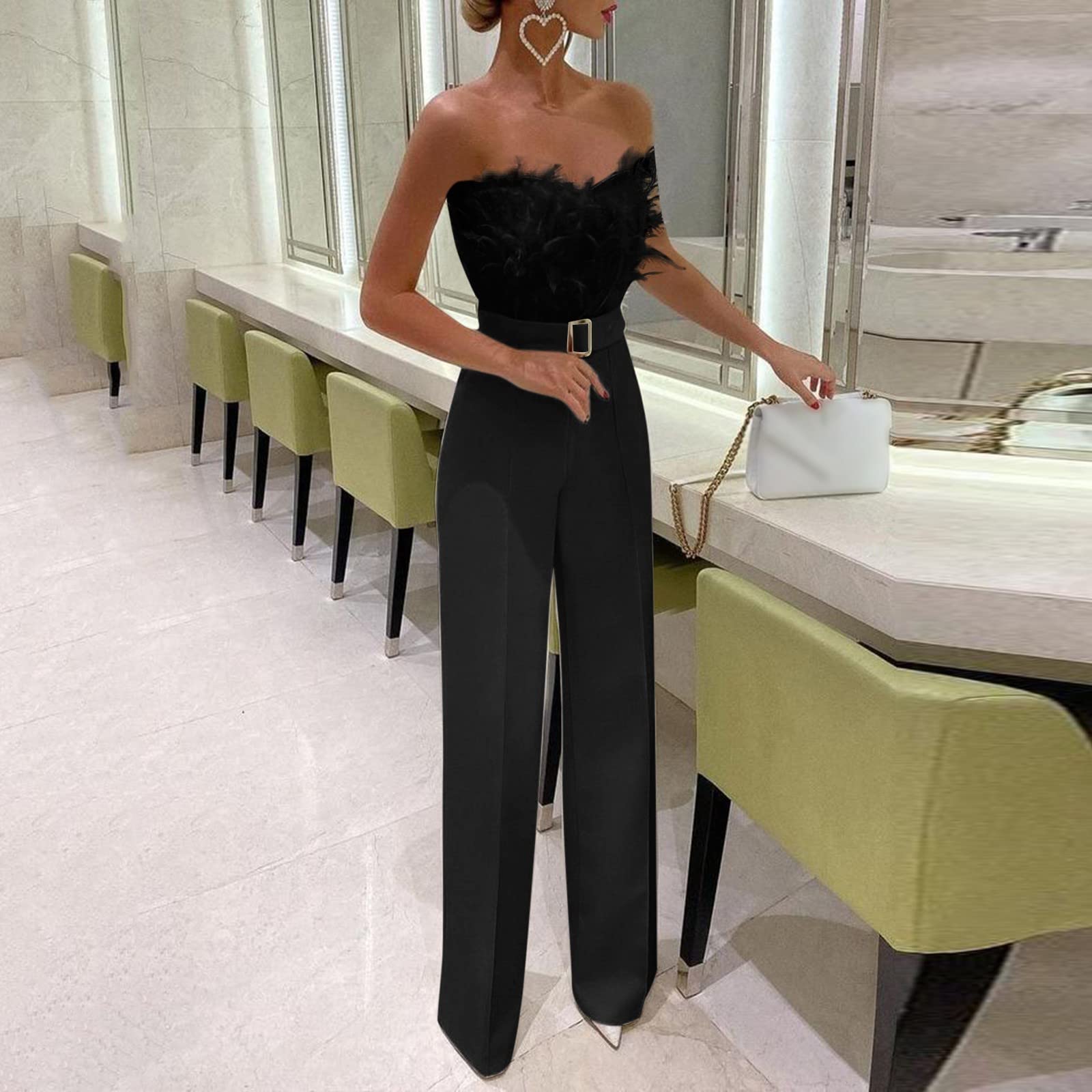 Générique Combinaison Pantalon Femme Bustier Plumes Taille Haute Jambe Large Ceinture Élégante Sexy Chic Soirée Cocktail Club Été Printemps Tenue De Fête Mariage Bal Cérémonie
