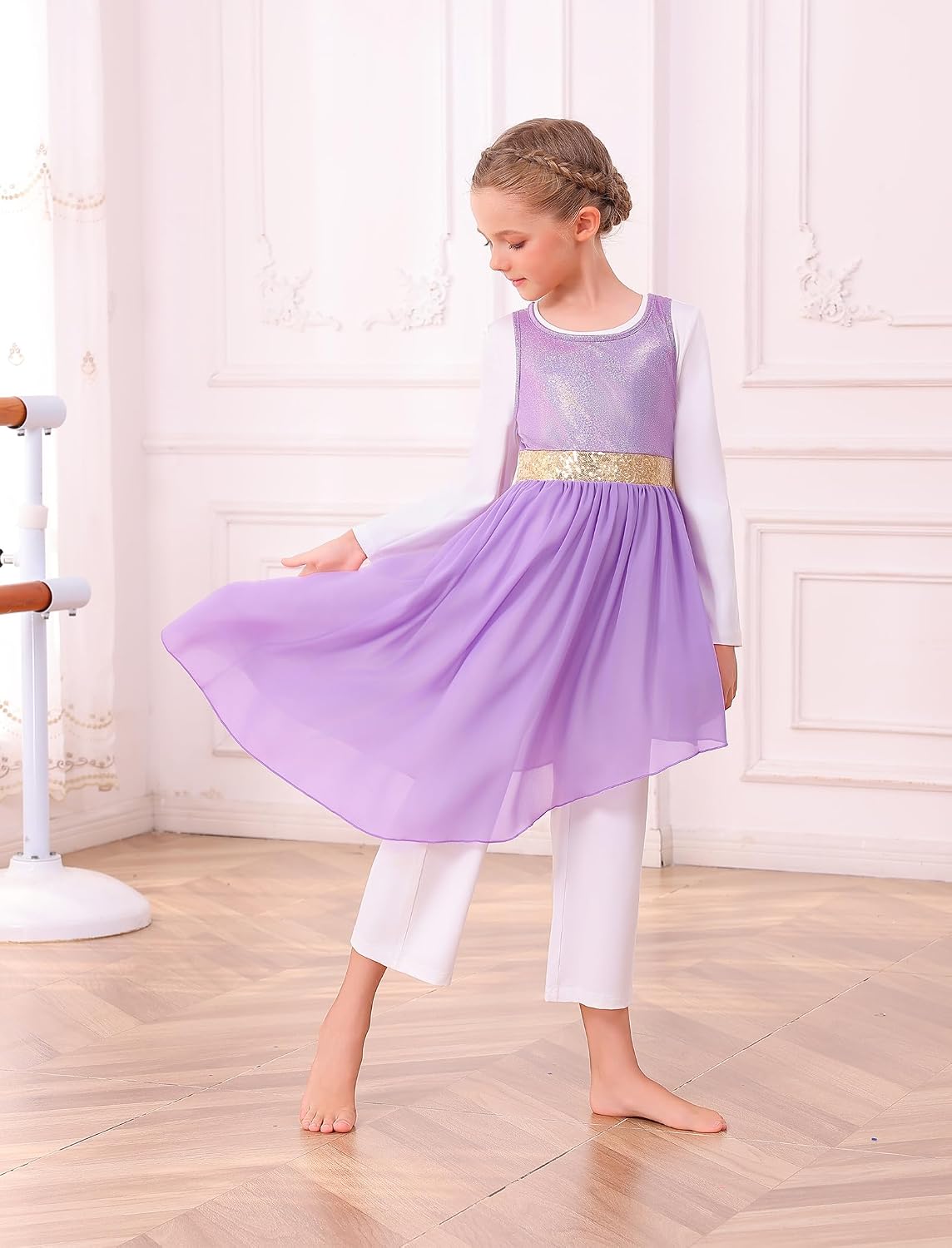 IDOPIP Praise Dance Overlay for Girls Metallic Sequin Praise Dance Dress Asymmetrical Worship Tunic Liturgical Dancewear 3-10