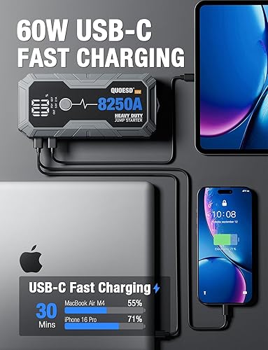 Miniatura 6 de Batería de arranque de salto 8250A (para todo el gas o 10.0+L Diesel), arranque de auto resistente potable de 12 V con banco de energía de 60 W, 48