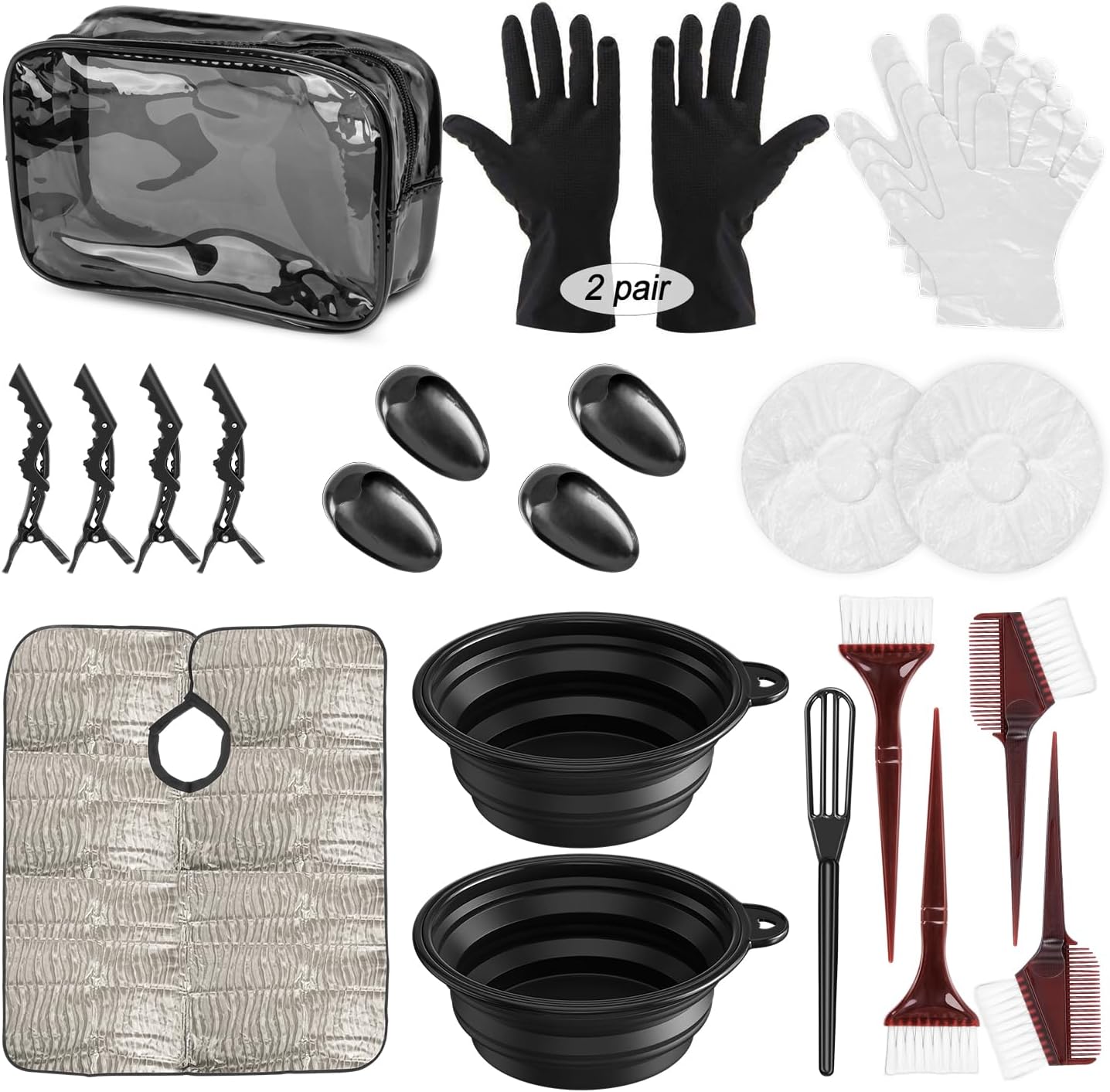 ebeau 26-Piece Hair Dye Kit with Large Bowls, Brushes, Ear Caps, Gloves, Waterproof Cosmetic Bag - DIY Salon & Home Use Hair Coloring Tools Set