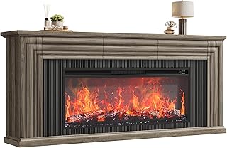 PRAISUN 70'' Fireplace TV Stand with 42'' Electric Fireplace, Farmhouse TV Stand for 65 75 Inch TV, Entertainment Center TV Console with 3 Drawers, Fluted Design, for Living Room, Gray Oak