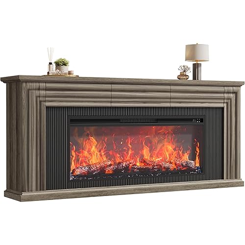 PRAISUN 70'' Fireplace TV Stand with 42'' Electric Fireplace, Farmhouse TV Stand for 65 75 Inch TV, Entertainment Center TV Console with 3 Drawers, Fluted Design, for Living Room, Gray Oak