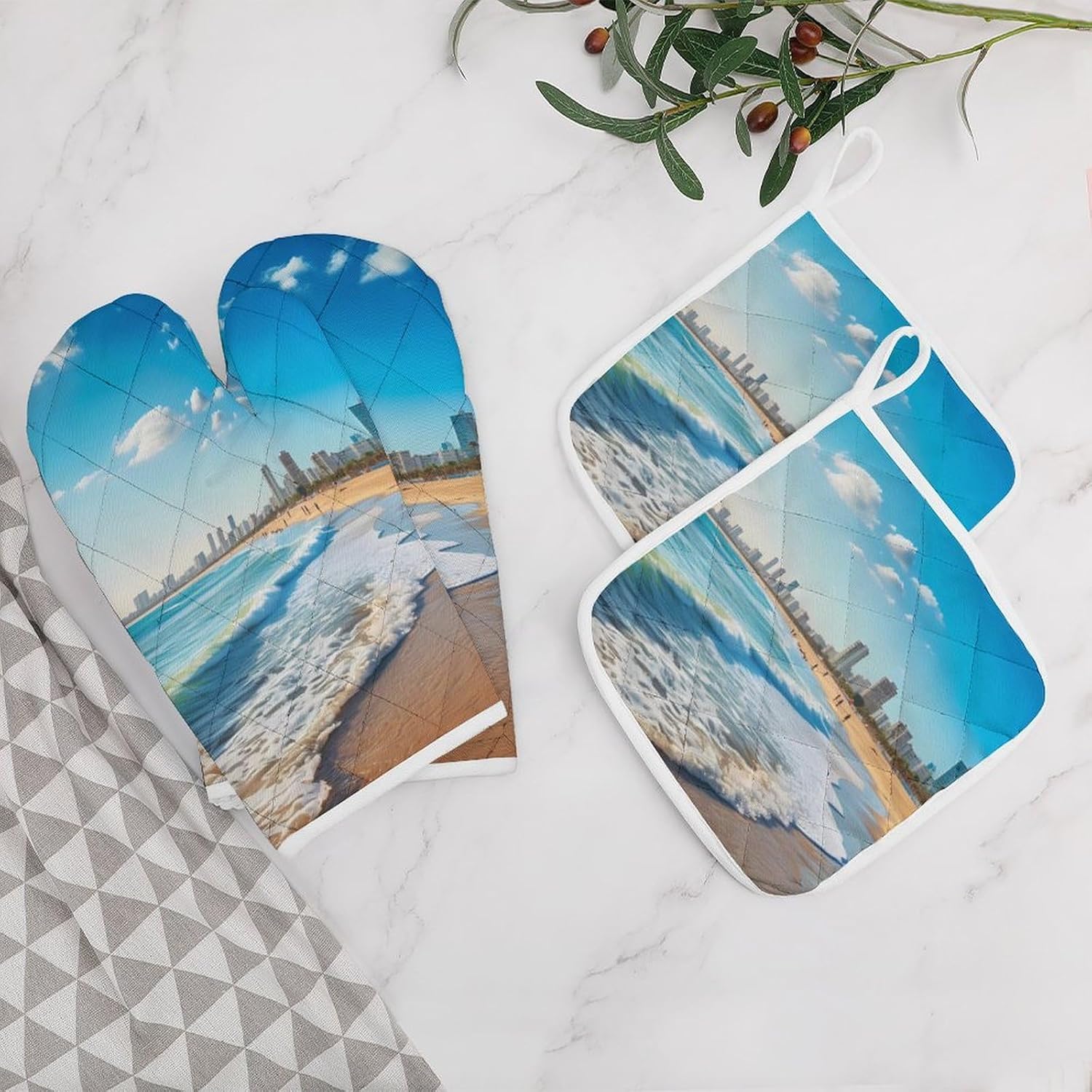 Tel Aviv Israel 4 Pcs Oven Mitts and Pot Holders Set High Heat Resistant Long Kitchen Oven Glove Potholders