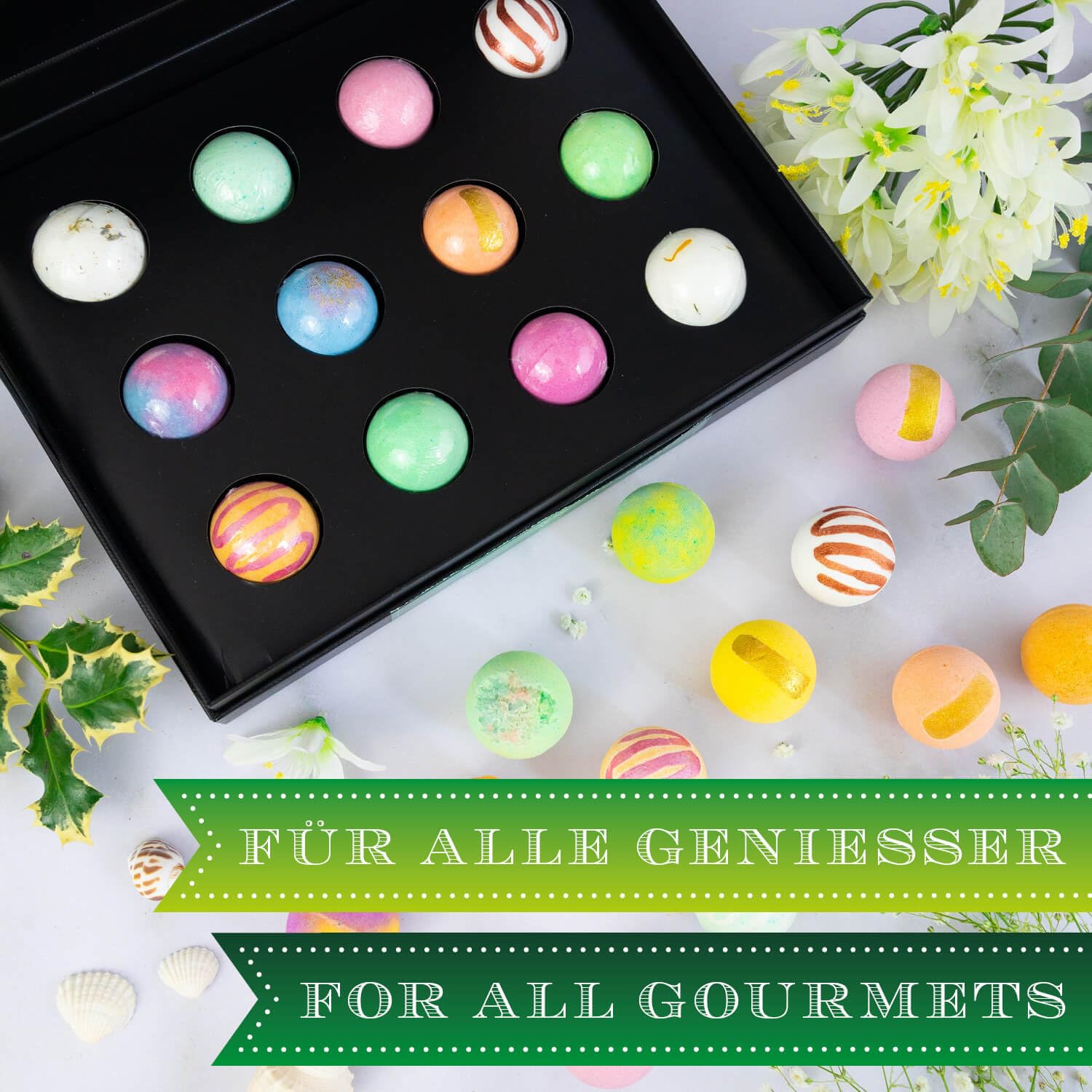 Hallingers Genuss Manufaktur Badebomben Weihnachts-Geschenk-Set - 12x Badekugeln Bath Bombs in edler Geschenkbox, Frauen Badeperlen-Wellness & Spa ""Merry Christmas..."", Weihnachten für Frauen Männer