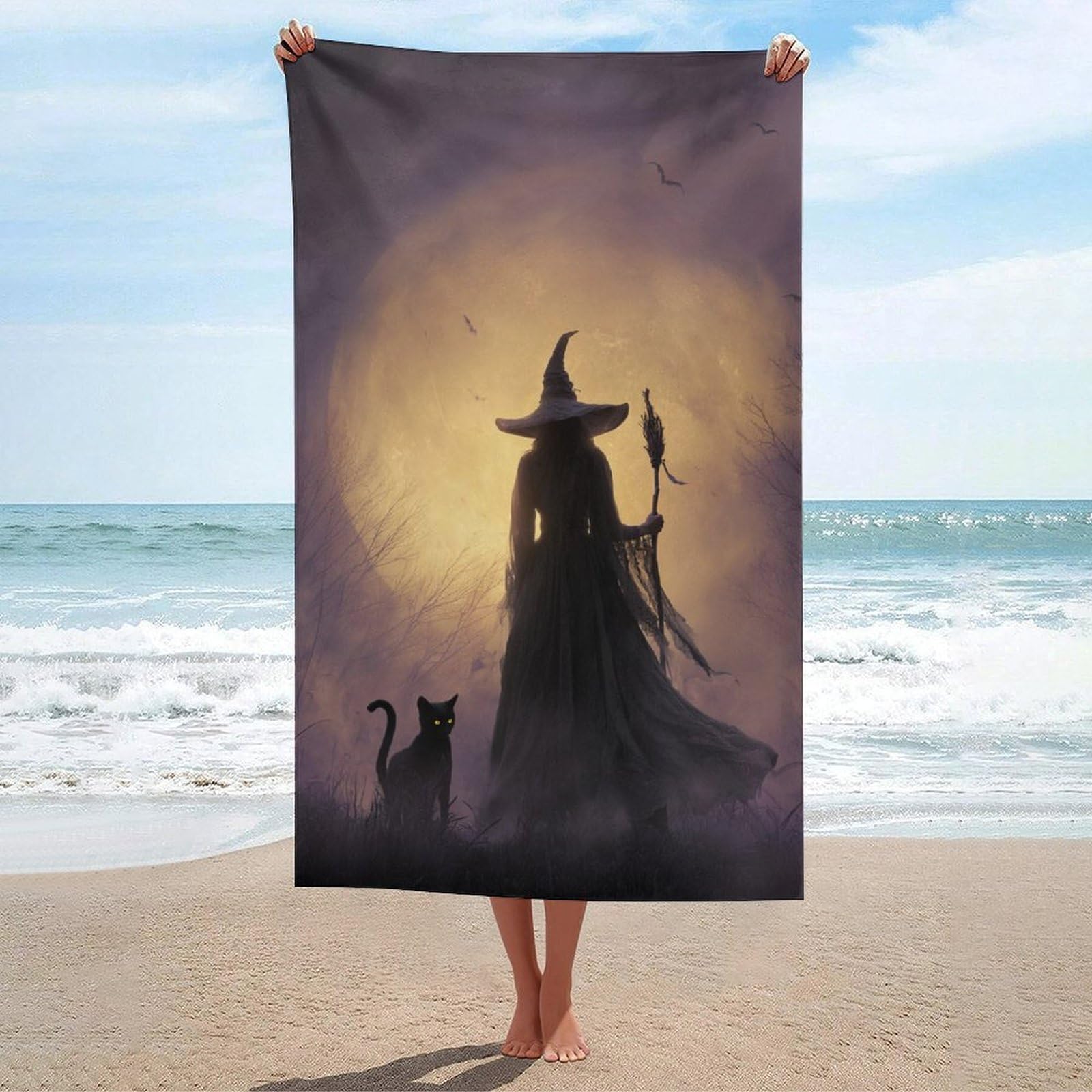 asbwuo Witch and Black Cat Giant Glowing Moon Beach Towel