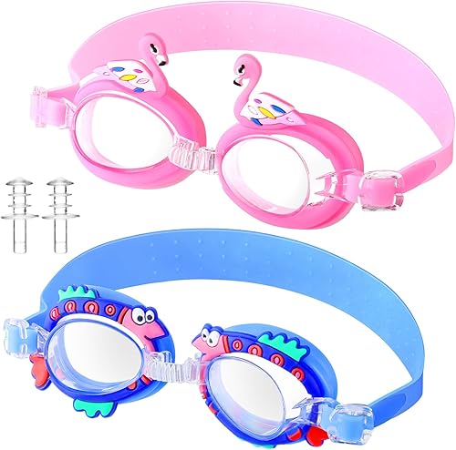 Foaincore 2 pares de gafas de natación para niños pequeños, antiniebla, UV, con tapones para los oídos, para niñas y niños de 3 a 9 años