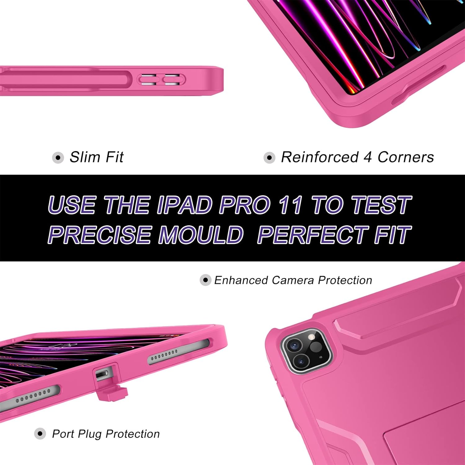 Soke Case for iPad Pro 11 Inch 2022/2021/2020/2018/iPad Air 5th/4th Generation,Built-in Screen Protector - Support 2nd Apple Pencil Charging - Heavy Duty Rugged Protective Kickstand Case - Hot Pink