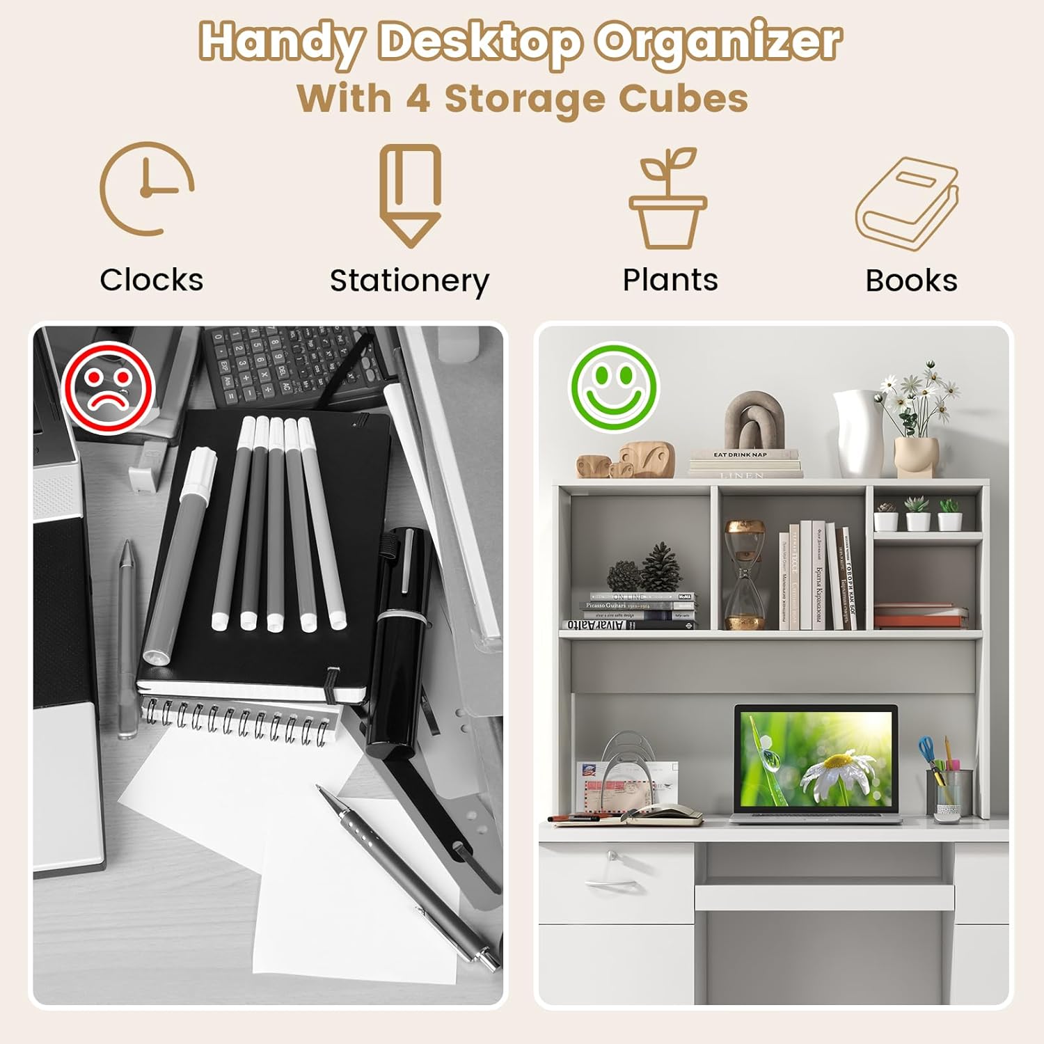 LDAILY Moccha Desktop Bookshelf, 2-Tier Countertop Storage Hutch, Wood Storage Rack Display Shelf with 4 Shelves for Computer Desk, Multipurpose Desk Organizer Desk Hutch for Home Office Dorm (White)