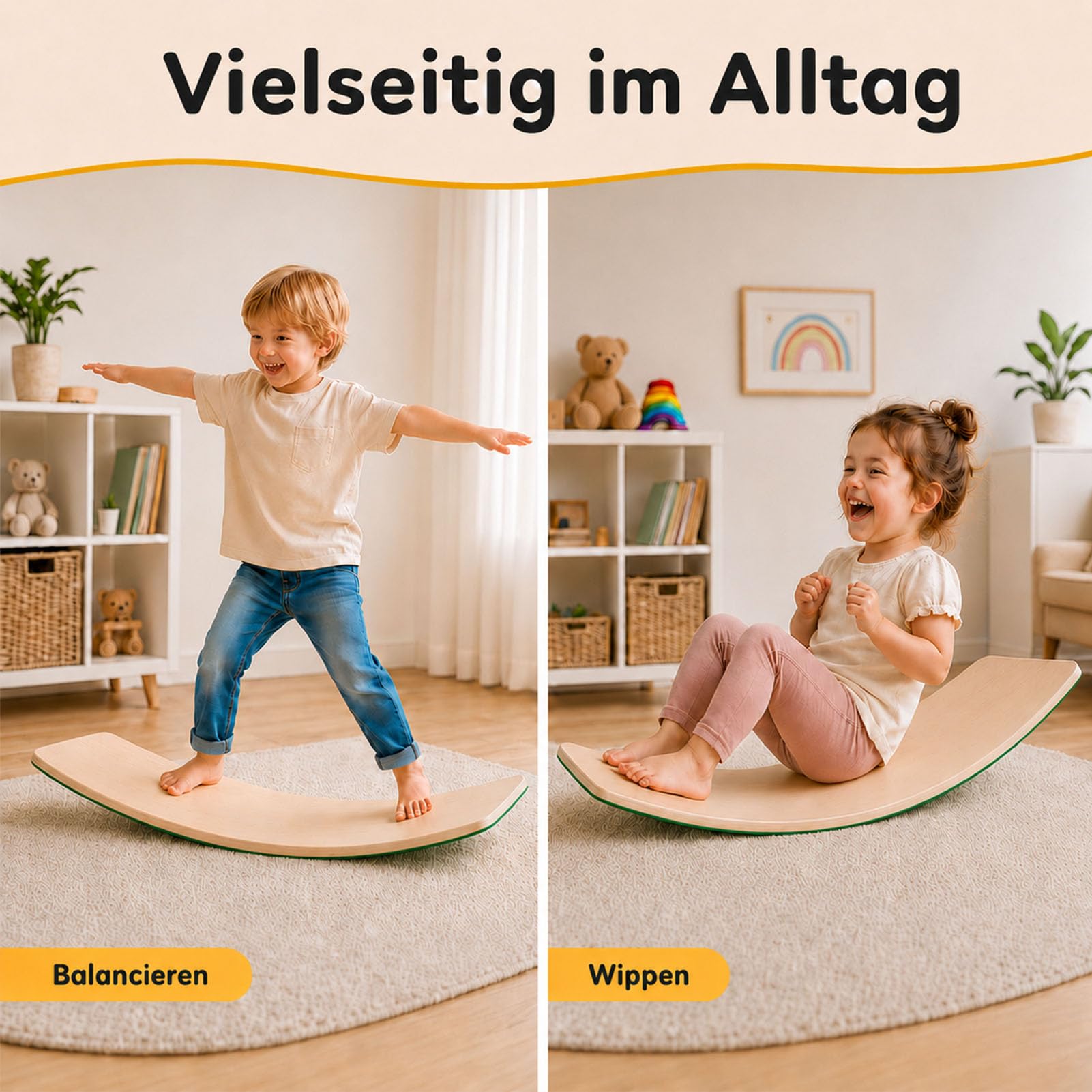 Balance Board Kinder aus Holz in Naturfarbe, Wackelbrett und Schaukelbrett, Balancebrett als Wippe für Kinder und Erwachsene bis 200 kg, für Motorik, Gleichgewicht, Balancierbrett