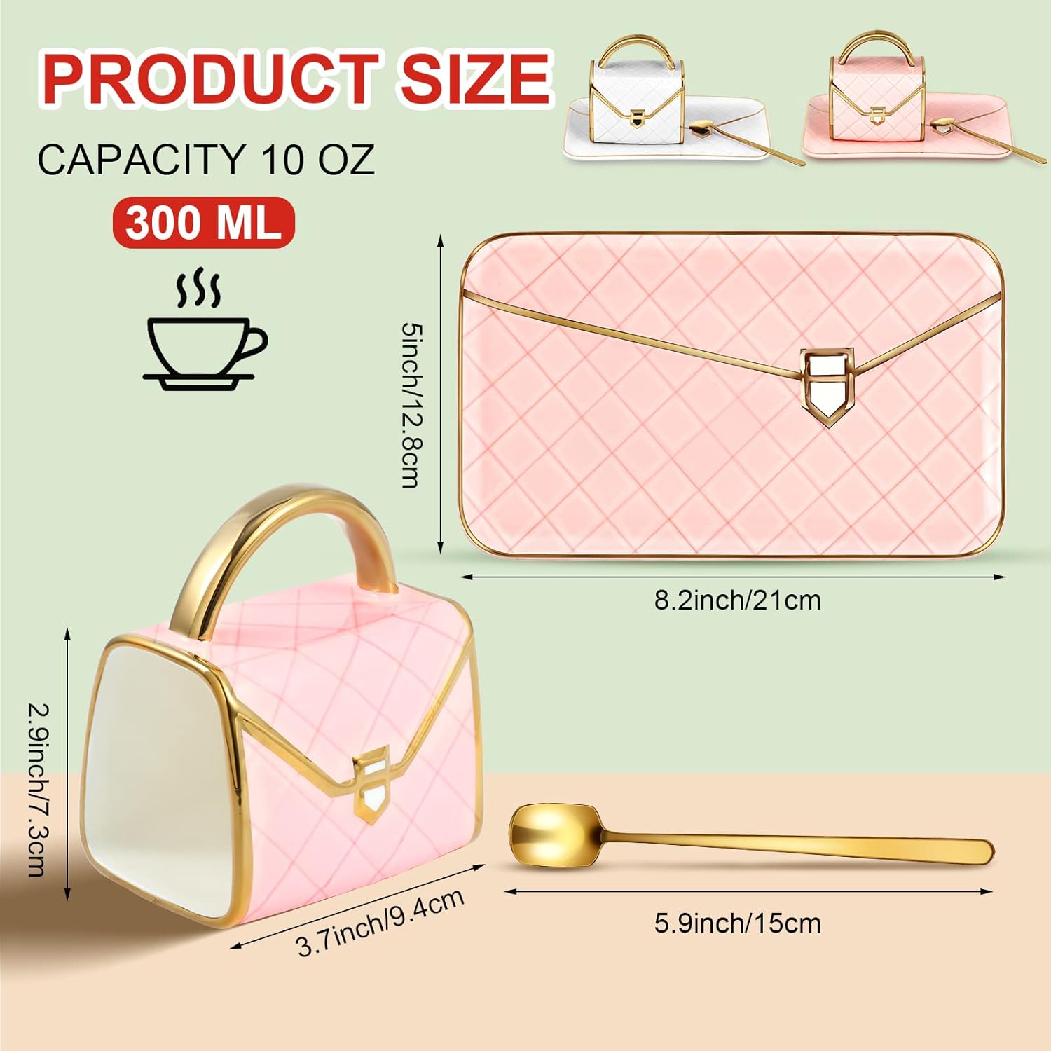 Zubebe 2 Sets Coffee Mug Elegant Handbag Shaped Cup Mother's Day Modern Ceramic Purse Mug with Spoon and Saucer, 10oz Cute Creative Tea Cup for Woman Girls Gift (Pink,White)