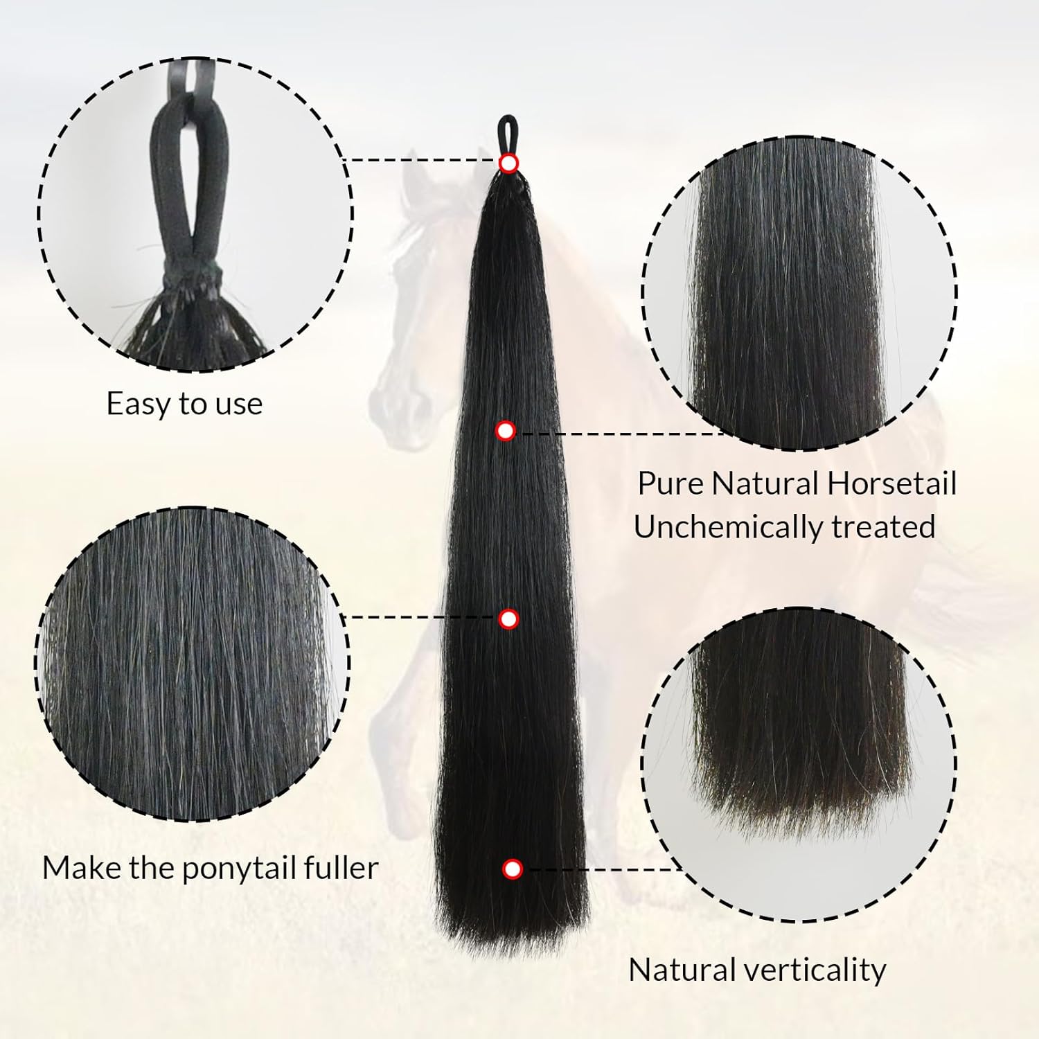 40 IN Long 1 LB Horse Tail Extensions with Natural Loop Top & Blunt Cut Bottom (Jet Black)