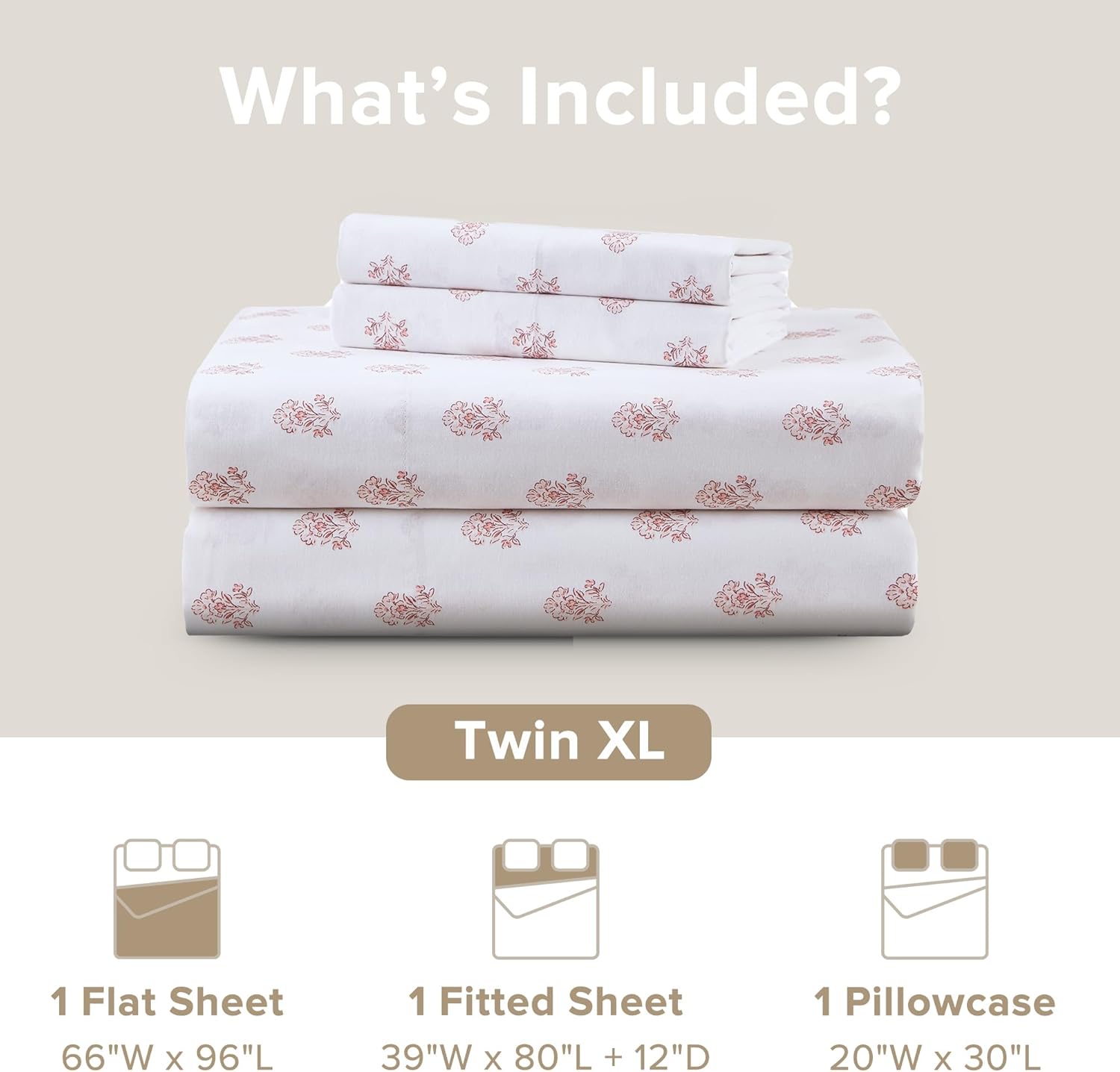 Comfort Spaces 100% Cotton Sheets Twin XL, Breathable, Naturally Cool Cotton Sheets, Soft Cotton Bed Sheets with 12" Elastic Pocket Fits up to 14" Mattress, All Seasons Sheet Set, Floral Pink 3 Piece - Image 4