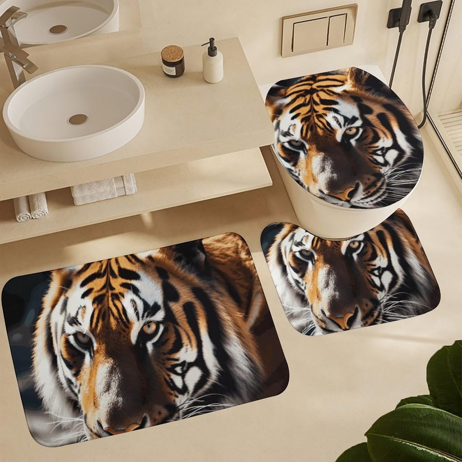 Wild Animal Tiger Shower Curtain Set 4 Piece, Non-Slip Bath Mat with Toilet Lid Cover and Waterproof Shower Curtain with 12 Hooks, Complete Bathroom Set for Home Decor