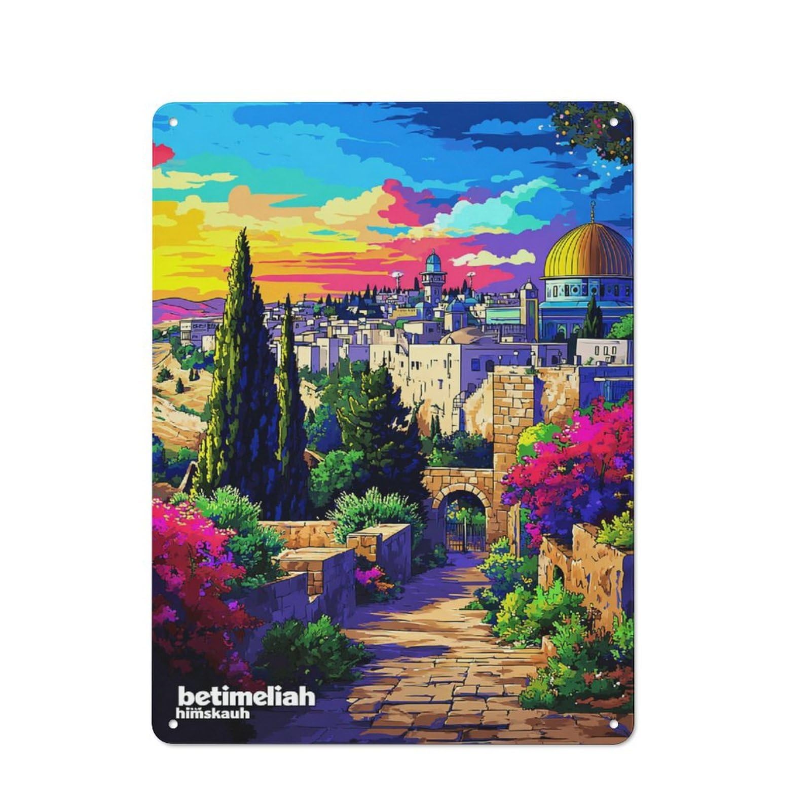 Vintage Retro Metal Sign 40x30cm Featuring Jerusalem Sunset A Vibrant Cityscape, Garage Wall Decor for Garage, Workshop, Shed Or Utility Room