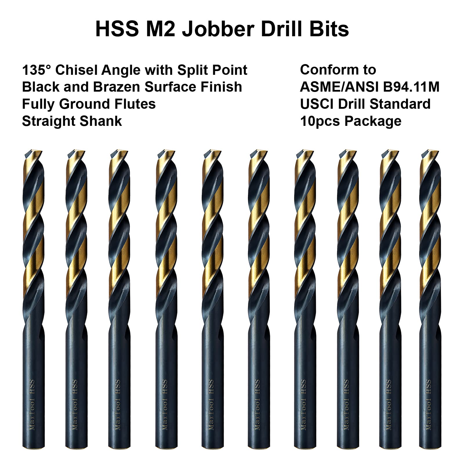 MAXTOOL JBL02H10RF10 - Juego de 10 brocas de longitud idéntica HSS M2 de 0,27 pulgadas, vástago recto totalmente molido, negro y bronce; JBL02H10RF10