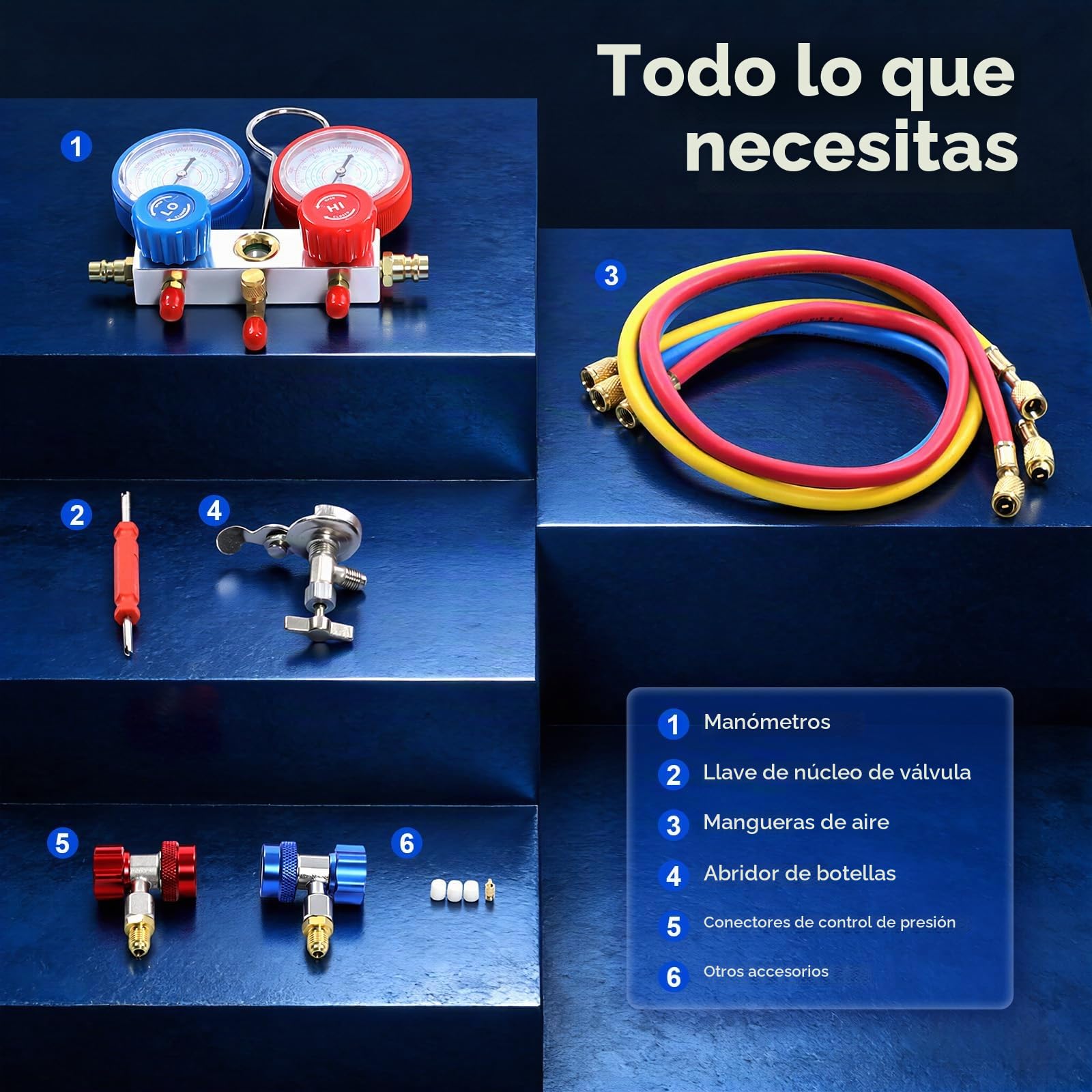 Acondicionador de aire acondicionado de 2 vías con manómetros, bomba de vacío, accesorios para R32 R410A R134A, incluye 3 mangueras y girador de válvulas, herramienta de aire acondicionado para coche