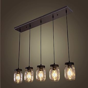 Wellmet 5-Lights Mason Jar Chandelier for Kitchen Island, Farmhouse Linear Cluster Hanging Pendant Light Fixture for Dining Room Light Fixtures Hanging, Matte Black Finish with Glass Shades
