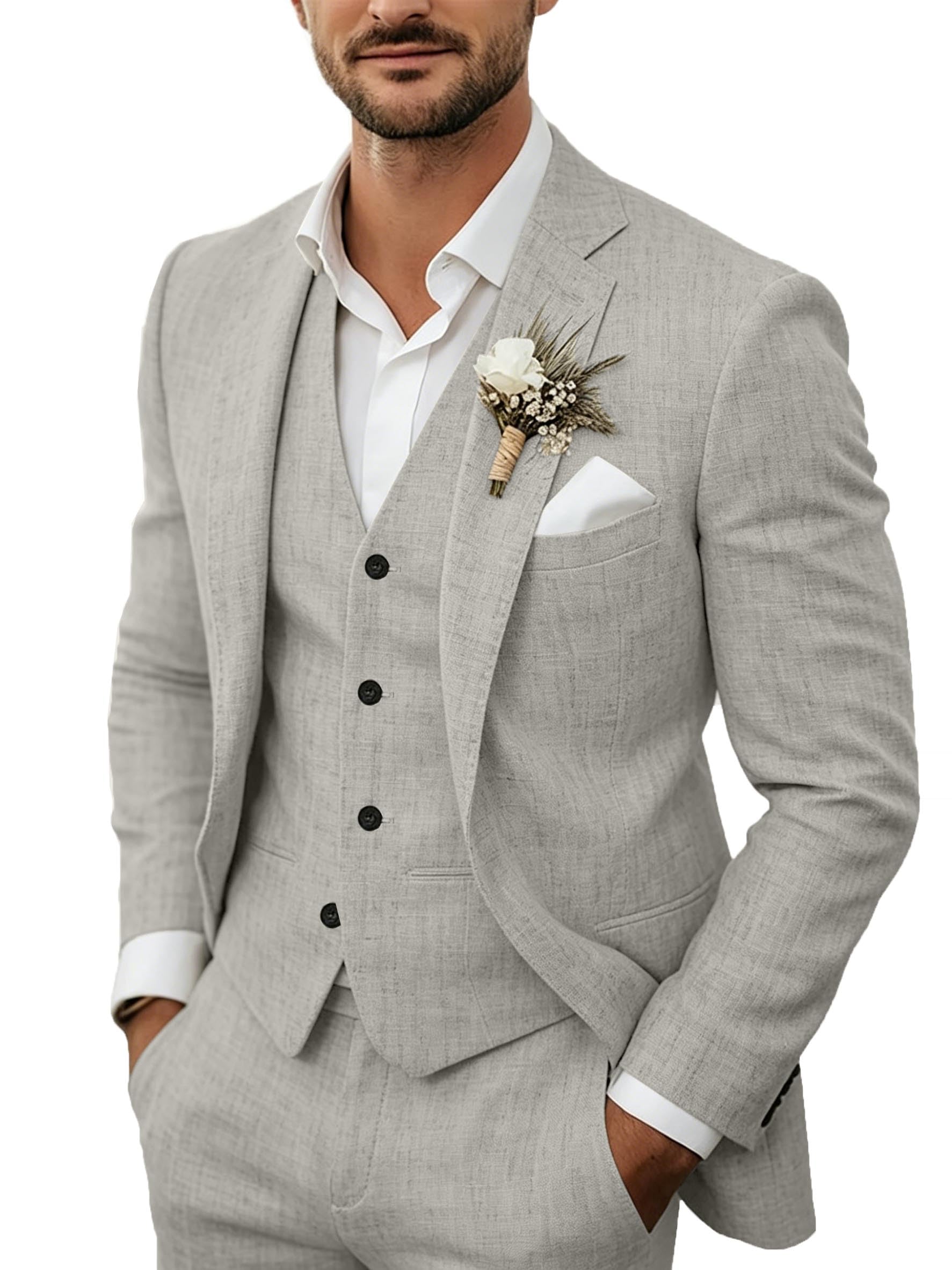 Photo 1 of Men's 3 Piece Linen Suits Casual Lightweight Blazer Jackets Vest Pants Set for Wedding Business Prom Suit Light Grey XL