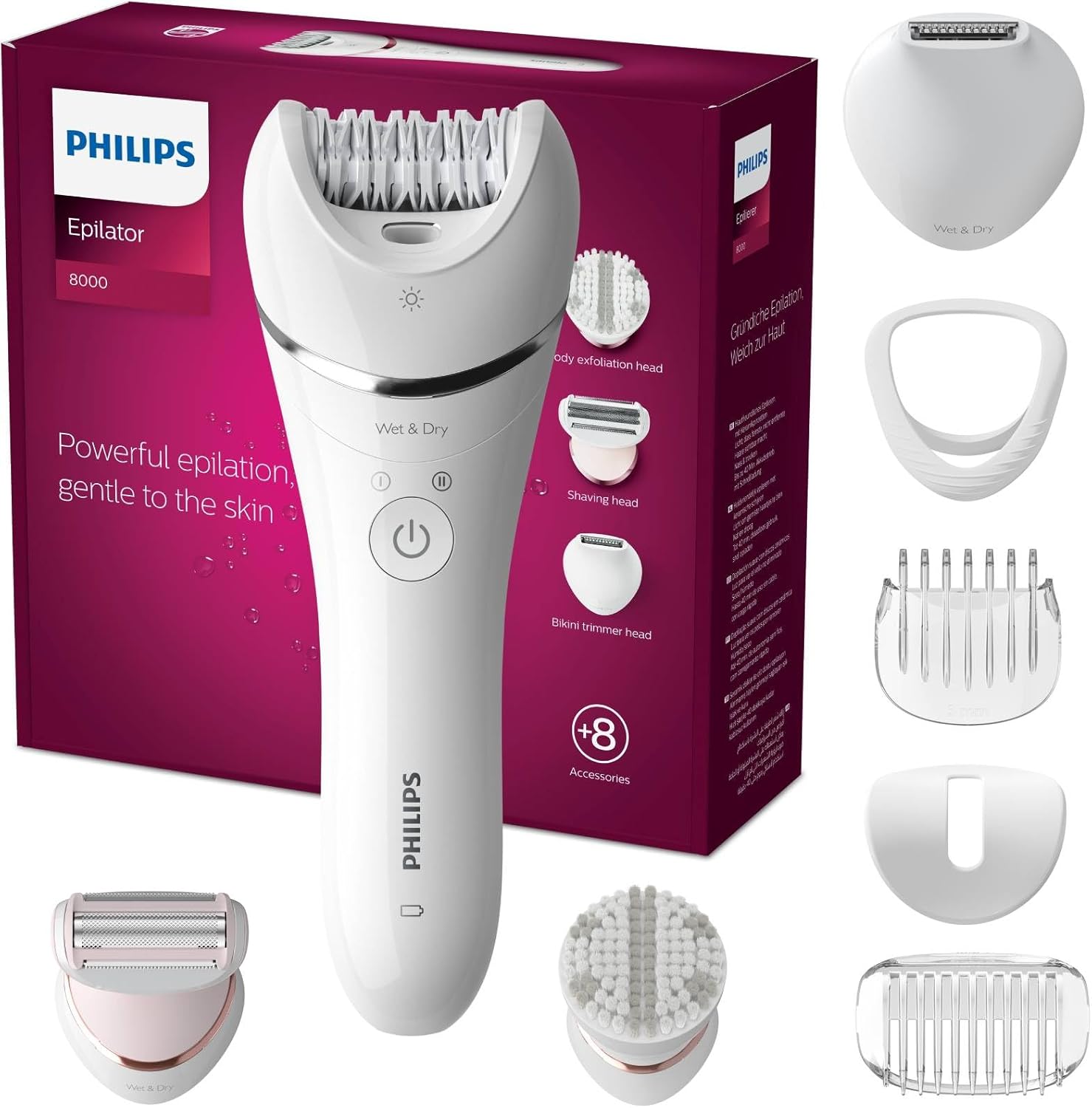 Philips Epilator Series 8000 Cordless Wet and Dry Epilator for Legs and Body, Hair Removal Device with 8 Accessories, Razor, Long Hair Trimmer and Body Exfoliating Device (BRE735/00)