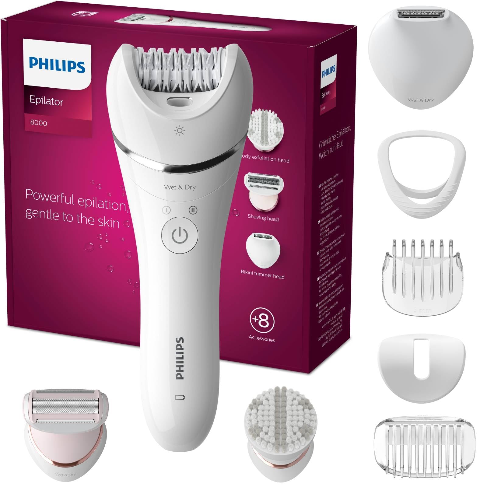 Philips Epilierer Series 8000, kabelloser Nass- und Trockenepilierer für Beine und Körper, Haarentfernungsgerät, mit 8 Zubehörteilen, Rasierer, Langhaarschneider und Körperpeeling-Gerät, (BRE735/00)
