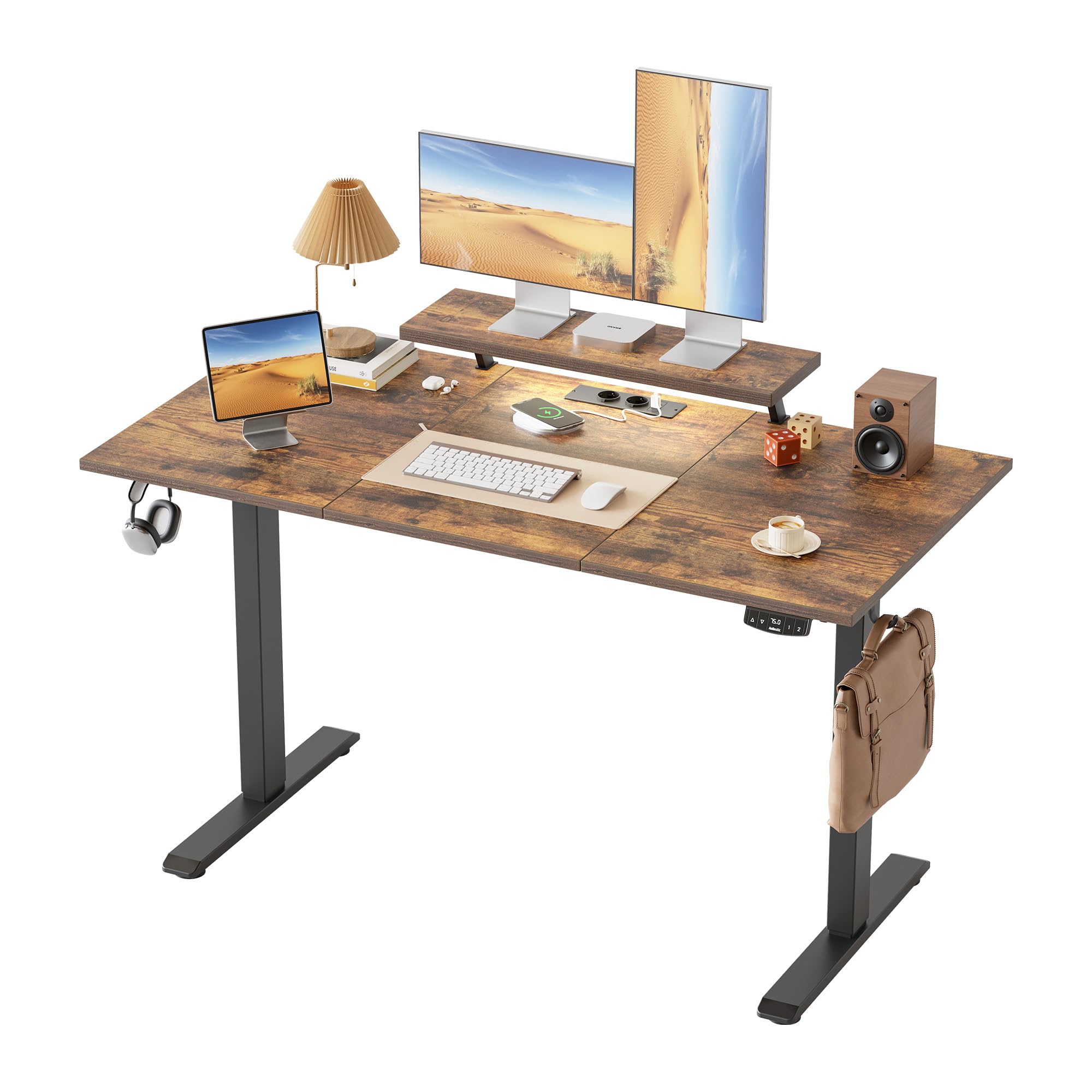 Klicelor Height Adjustable desk with LED Lights and Power Outlets, 140x60cm, movable monitor stand for Game and Home Office, Standing desk with 3-piece tabletop, brown
