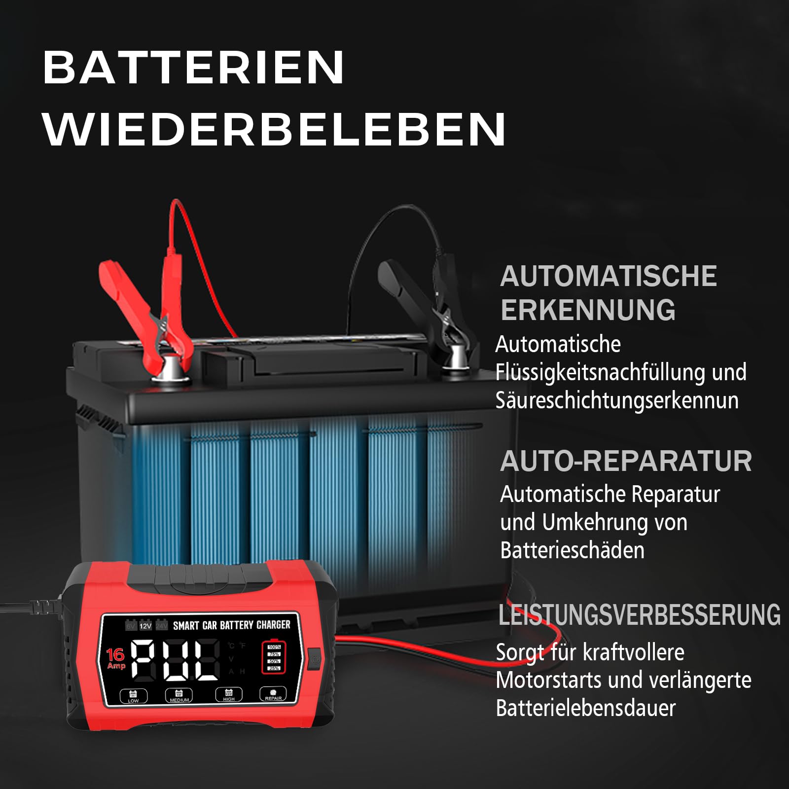 16A 6V/12V/24V Autobatterieladegerät-Haisito Intelligentes Ladegerät mit LCD-Display, Batteriepfleger,Erhaltungsladung&Entsulfatierung für AGM,LiFePO4,Blei-Säure(Motorrad, Wohnmobil, Caravan)