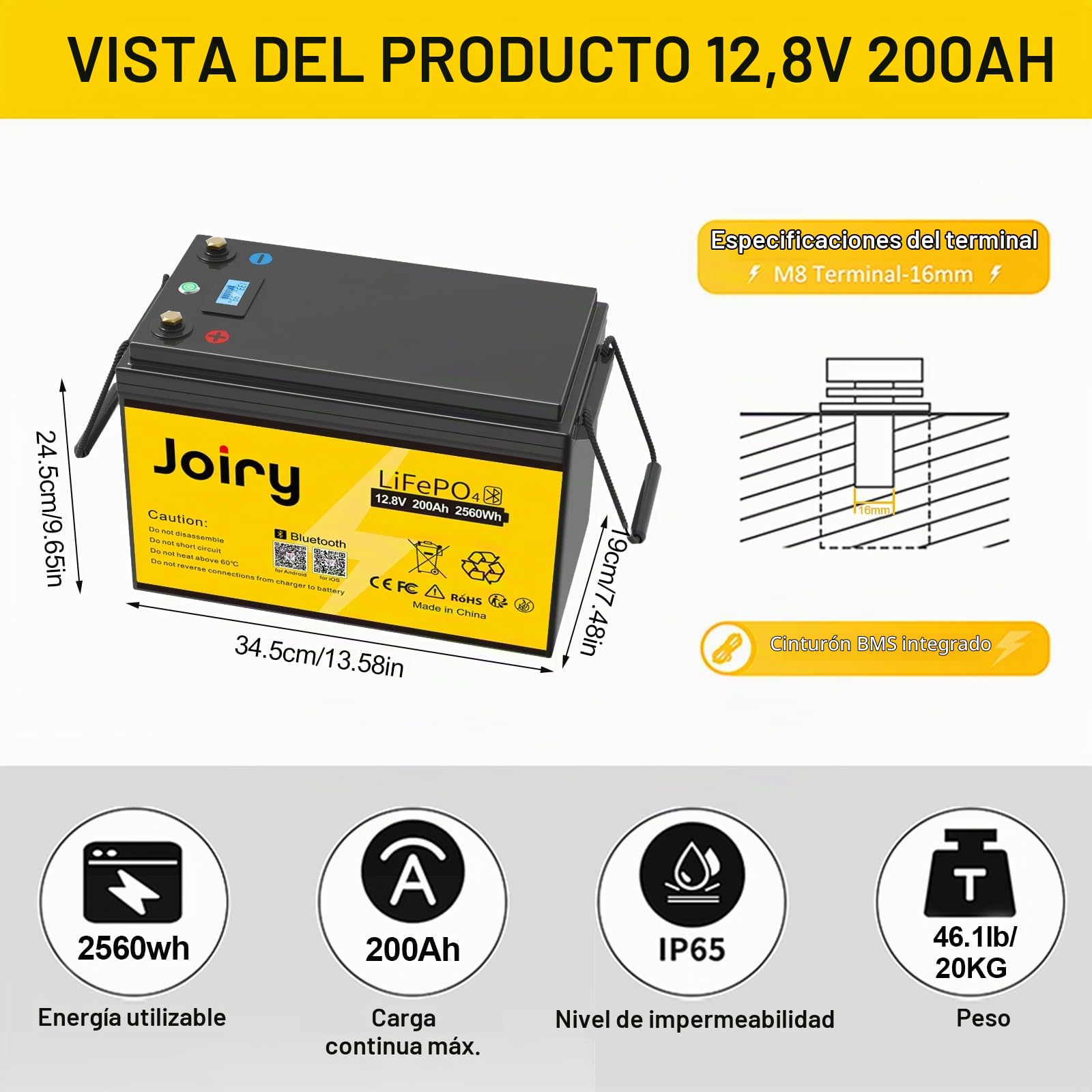 Joiry LiFePO4 Batería 12V 200Ah 2560Wh Bluetooth bateria Litio Fosfato de Hierro y Litio Energía de Emergencia con más de 5000+ Protección BMS para Panel Solar, RV, Marina, Golf