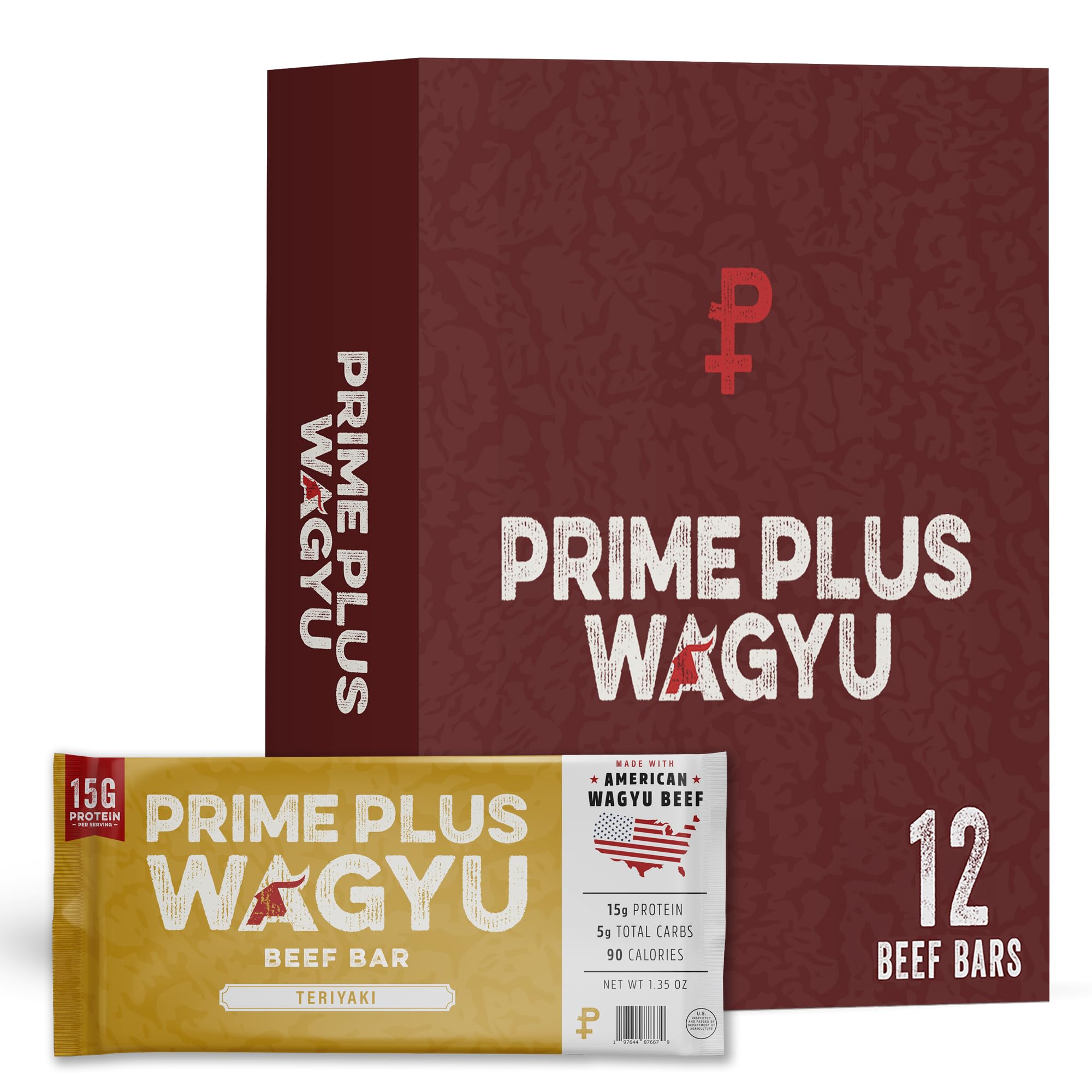 Prime Plus Wagyu Beef Bars - Teriyaki- 12 Count, 100% American Wagyu Beef, Masterfully Seasoned and More Tender Than Jerky, No Added Nitrates or Antibiotics, 14 grams of Protein Per Serving