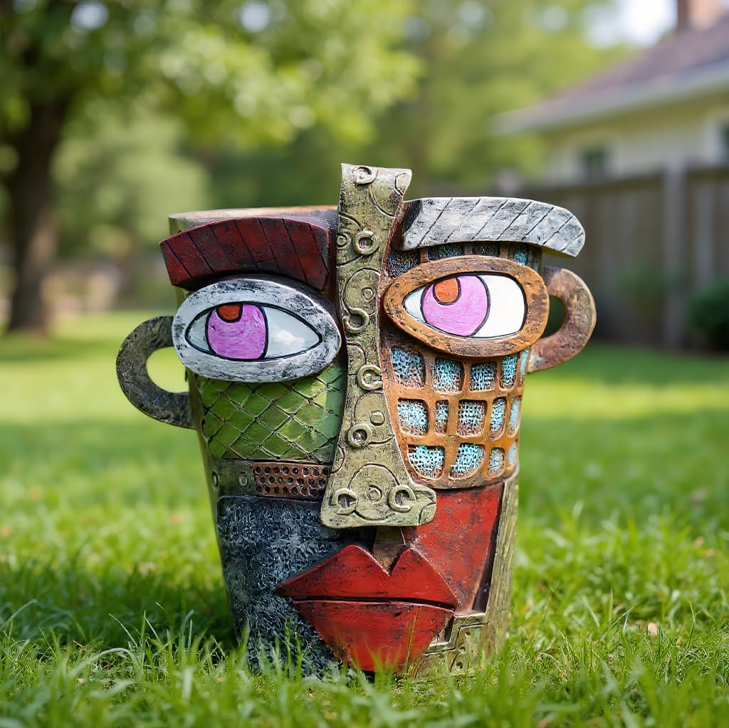 Picasso Abstract Face Flower Pot,Unique Resin Crafted Planter with Drainage Holes,Interesting Colorful Planter with Human face,for Indoor and Outdoor Botanical Home décor (Retro)